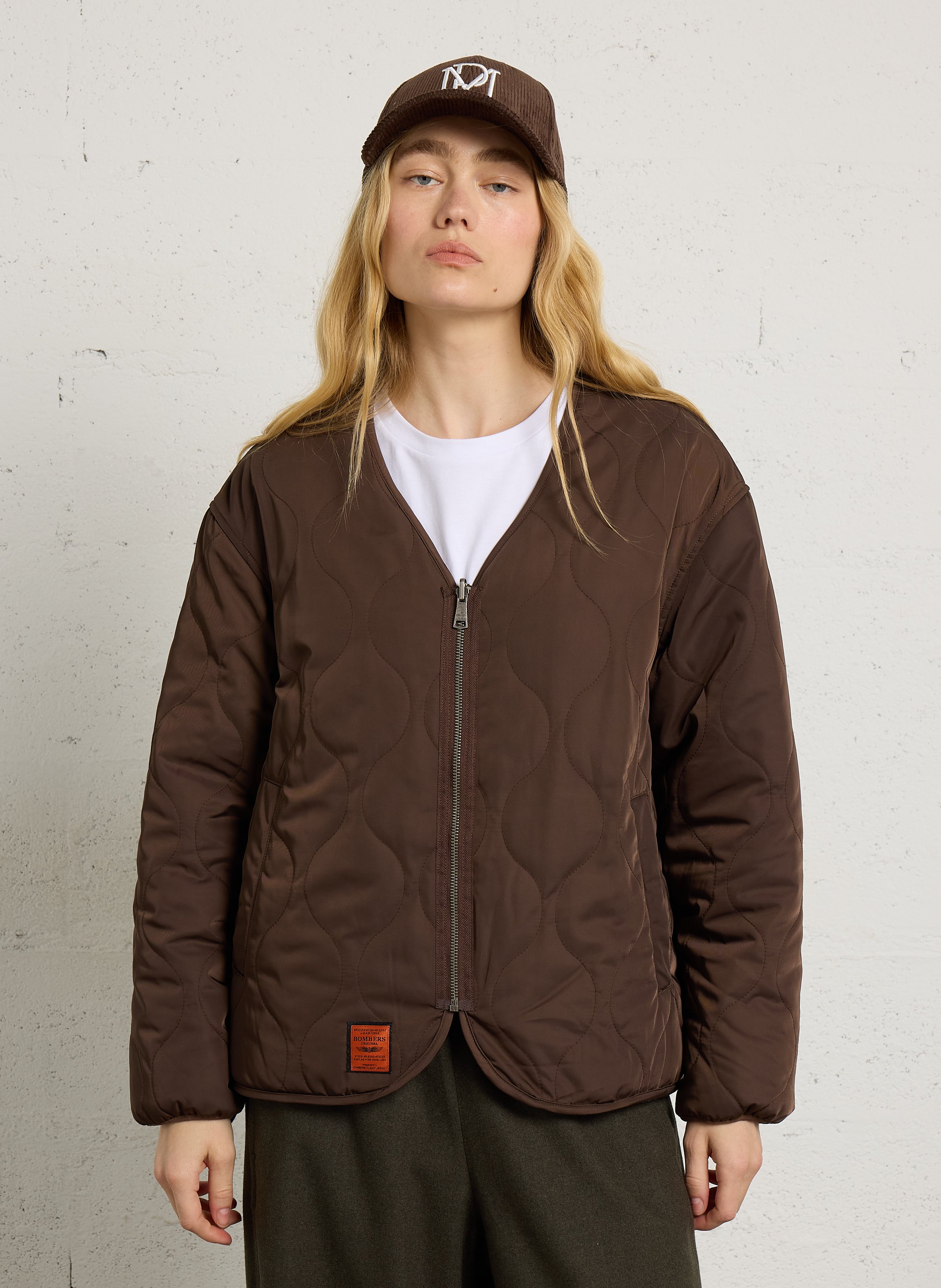Quilted straight V-neck jacket BOMBERS ORIGINAL Brown
