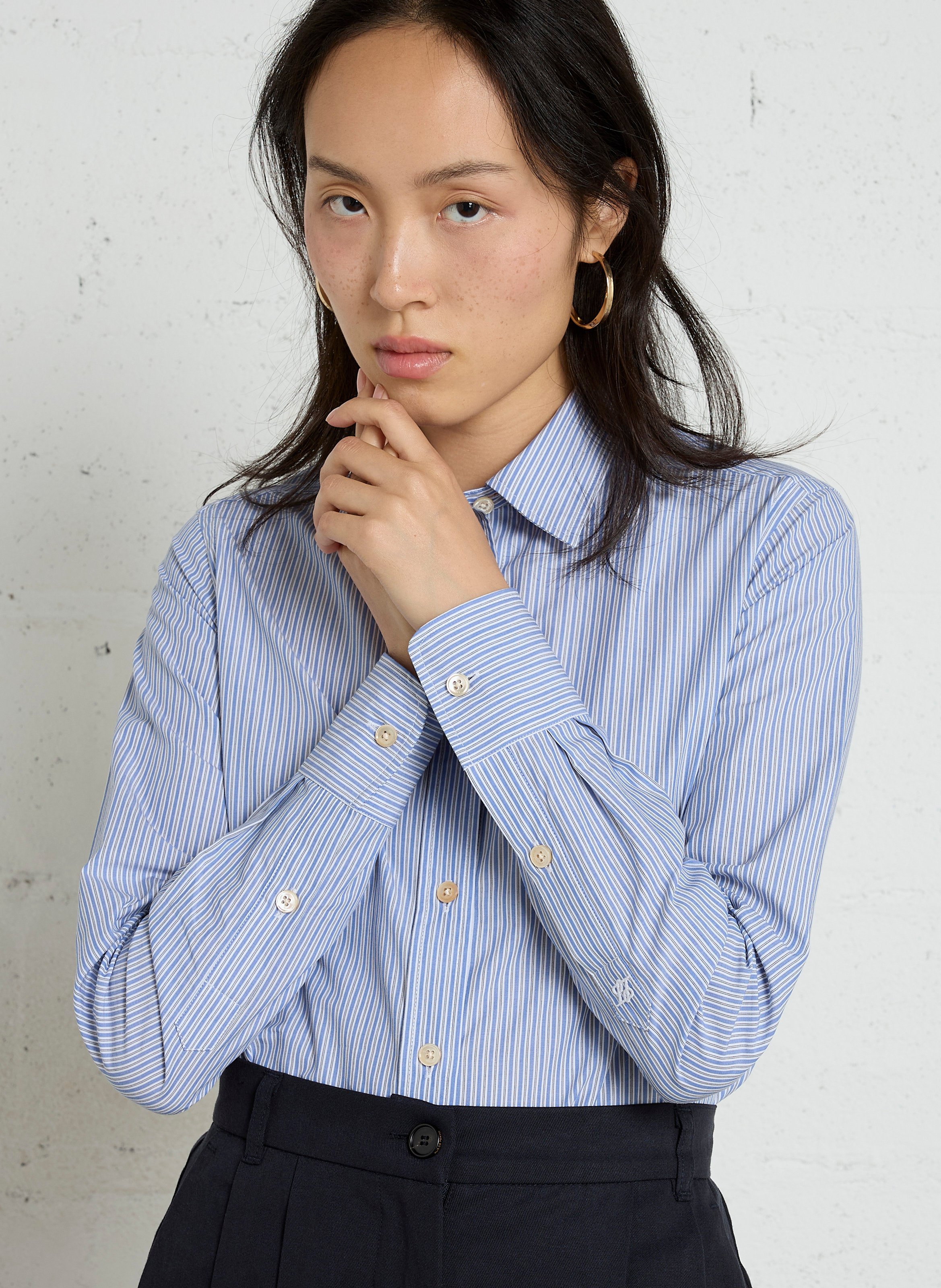 Chemise cintrée col classique rayée en coton LAURENCE BRAS Bleu