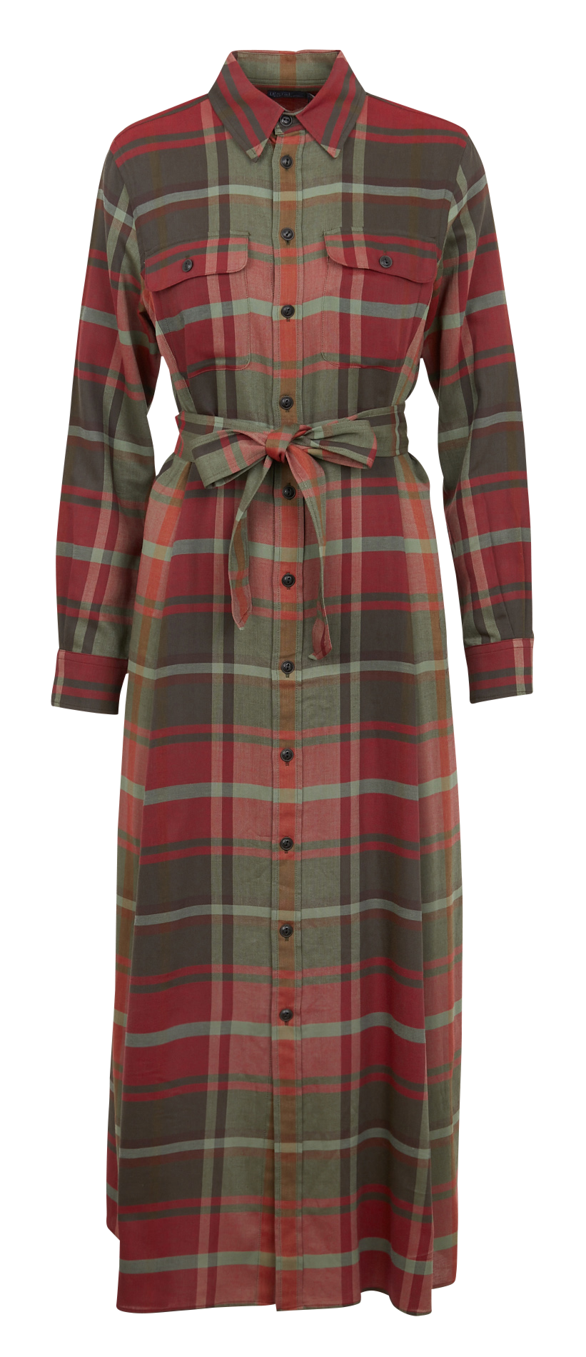 Robe longue col classique à carreaux en coton mélangé  POLO RALPH LAUREN Kaki