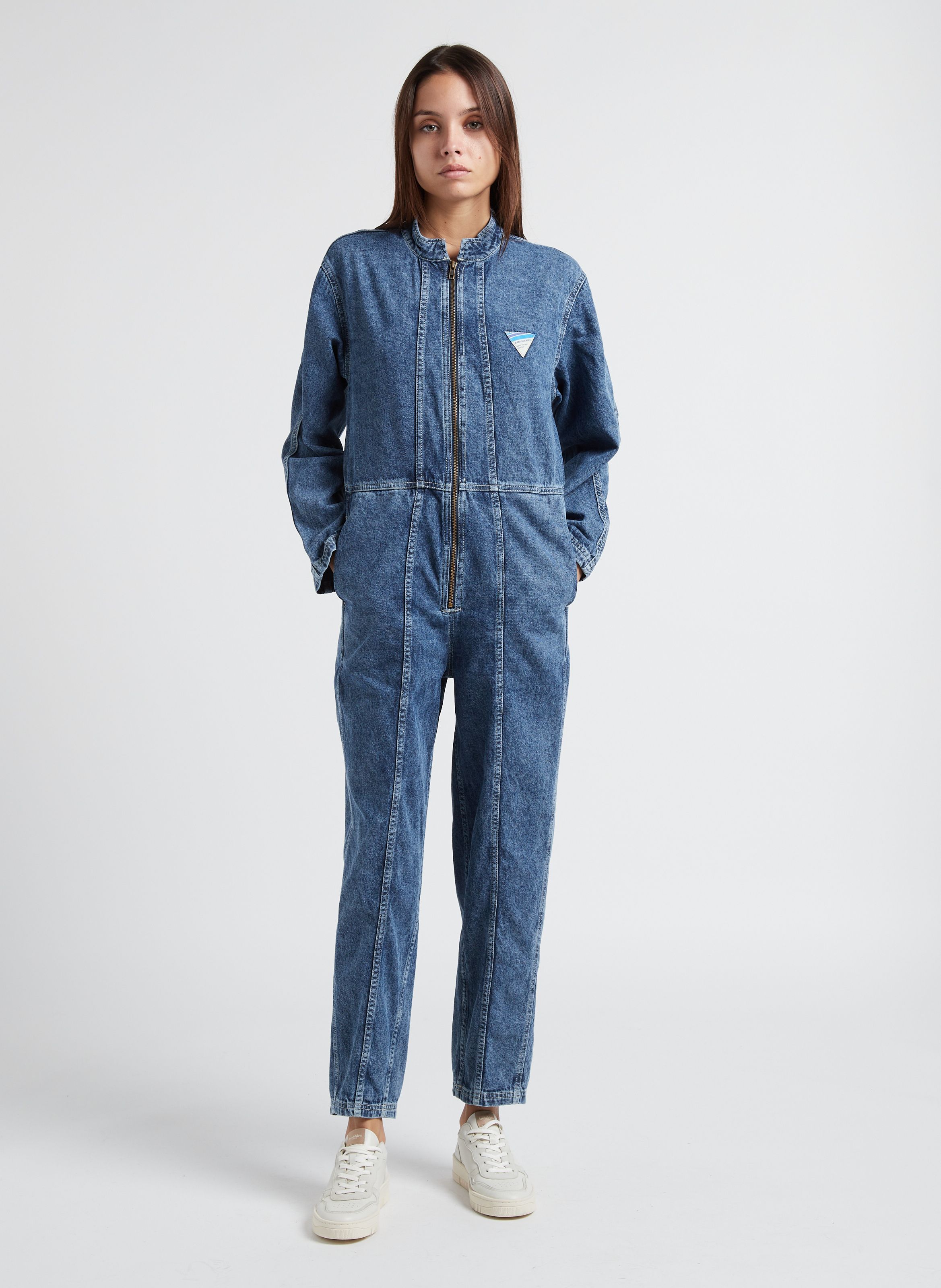 Round-neck Denim And Cotton Jumpsuit Stone American Vintage