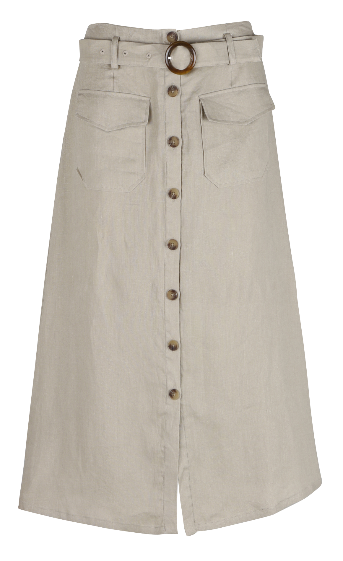 Straight high-waisted linen skirt with belt CAROLL Brown