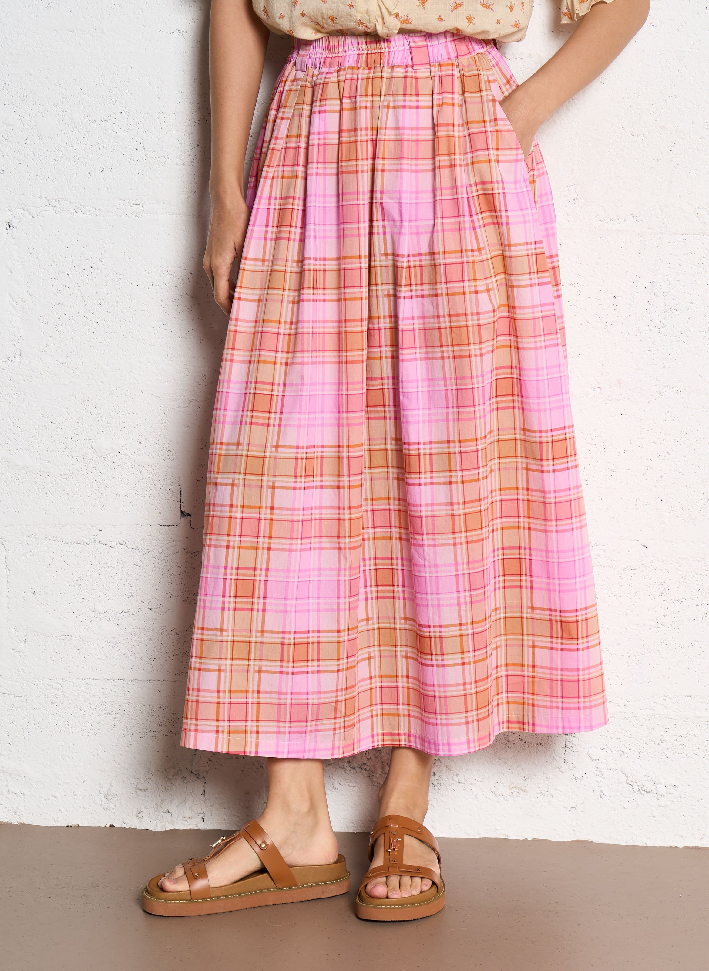 Jupe évasée midi à carreaux en coton SUZIE WINKLE Rose