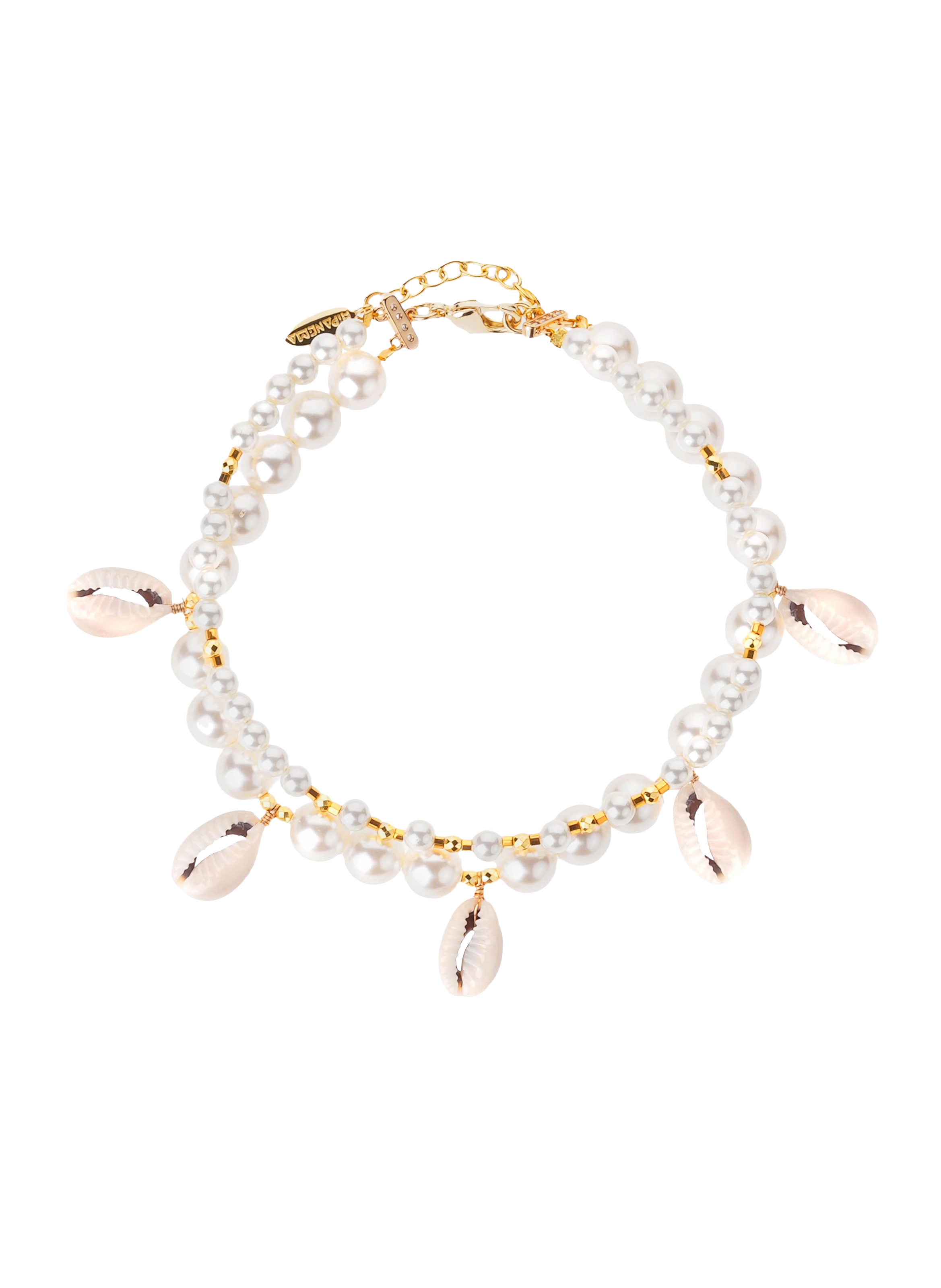 Adjustable anklet with mother-of-pearl beads and seashell charms HIPANEMA White