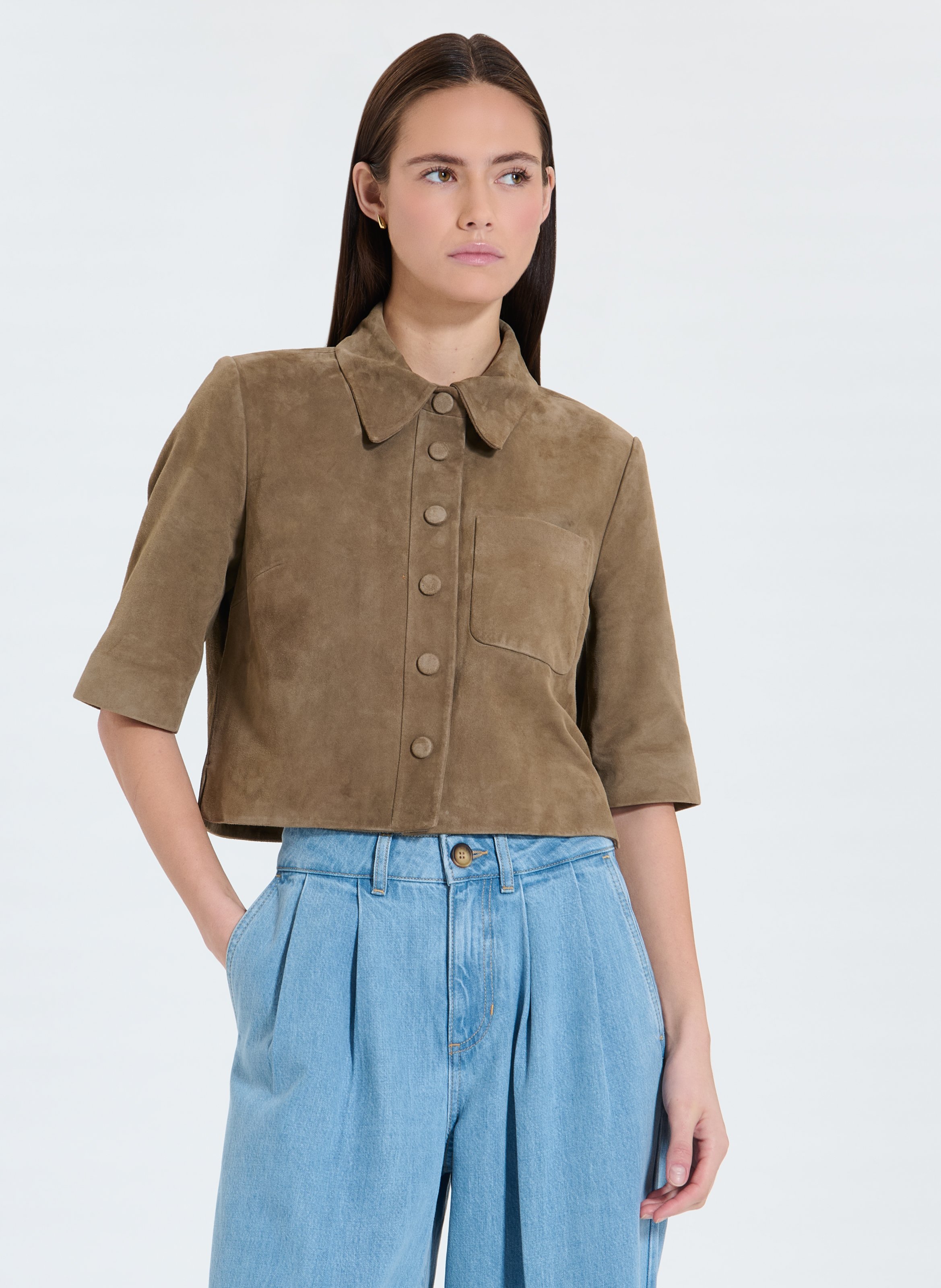 Straight suede leather shirt Khaki Zapa Women Place des