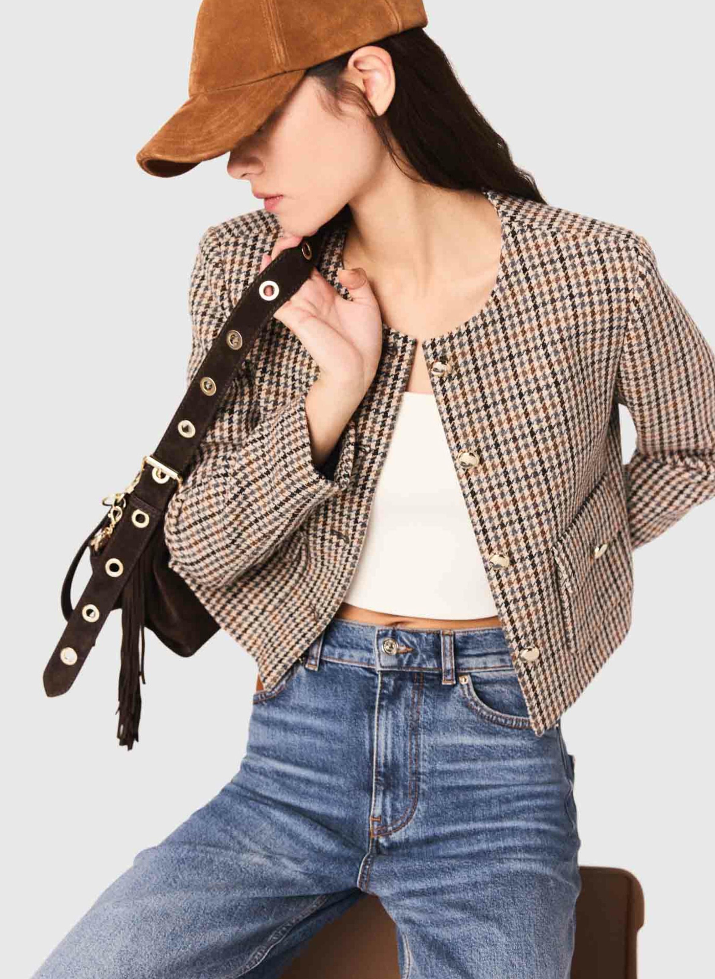 Veste courte à carreaux MAJE Beige