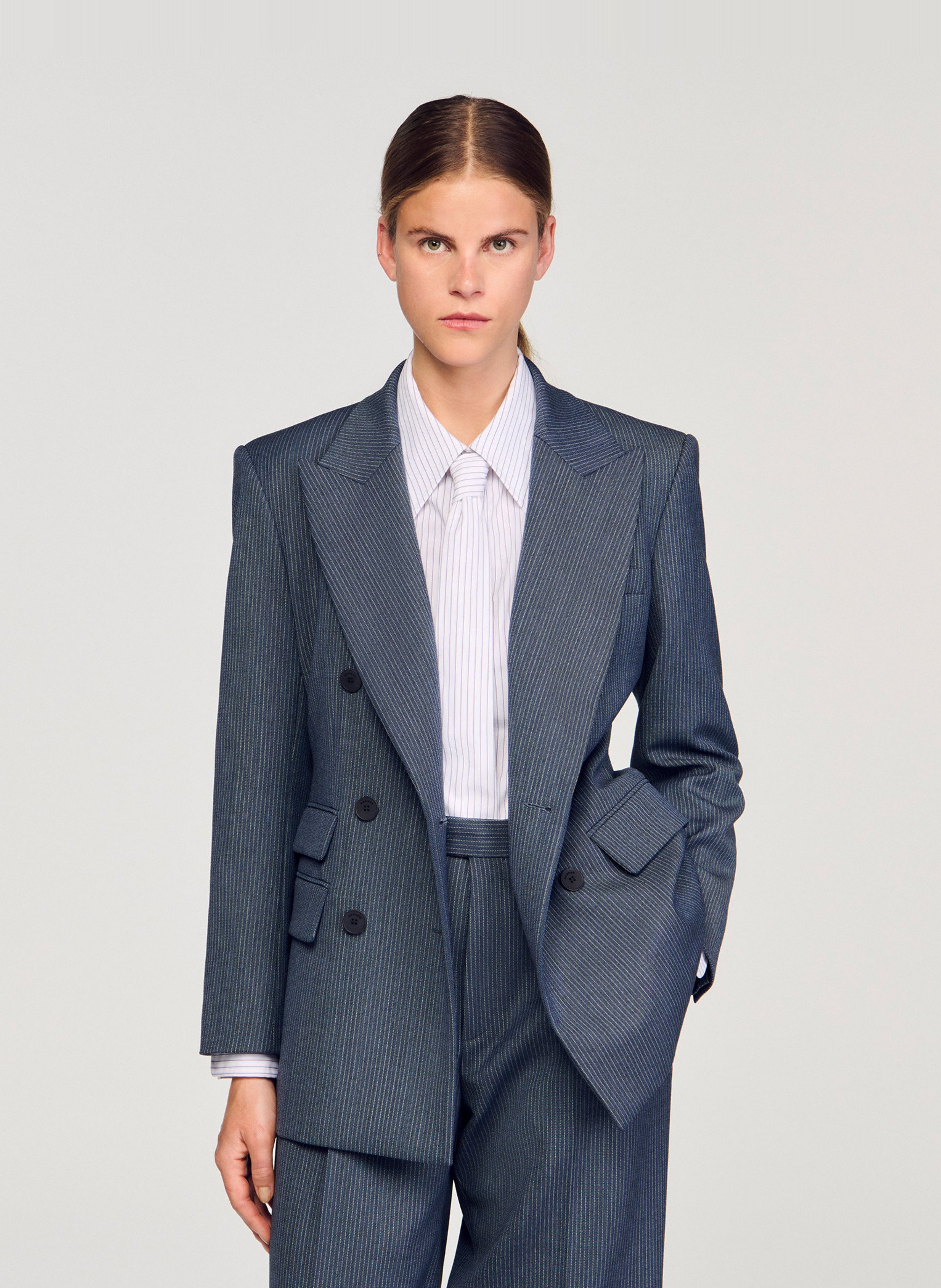 Veste de tailleur ajustée à rayures SANDRO Bleu