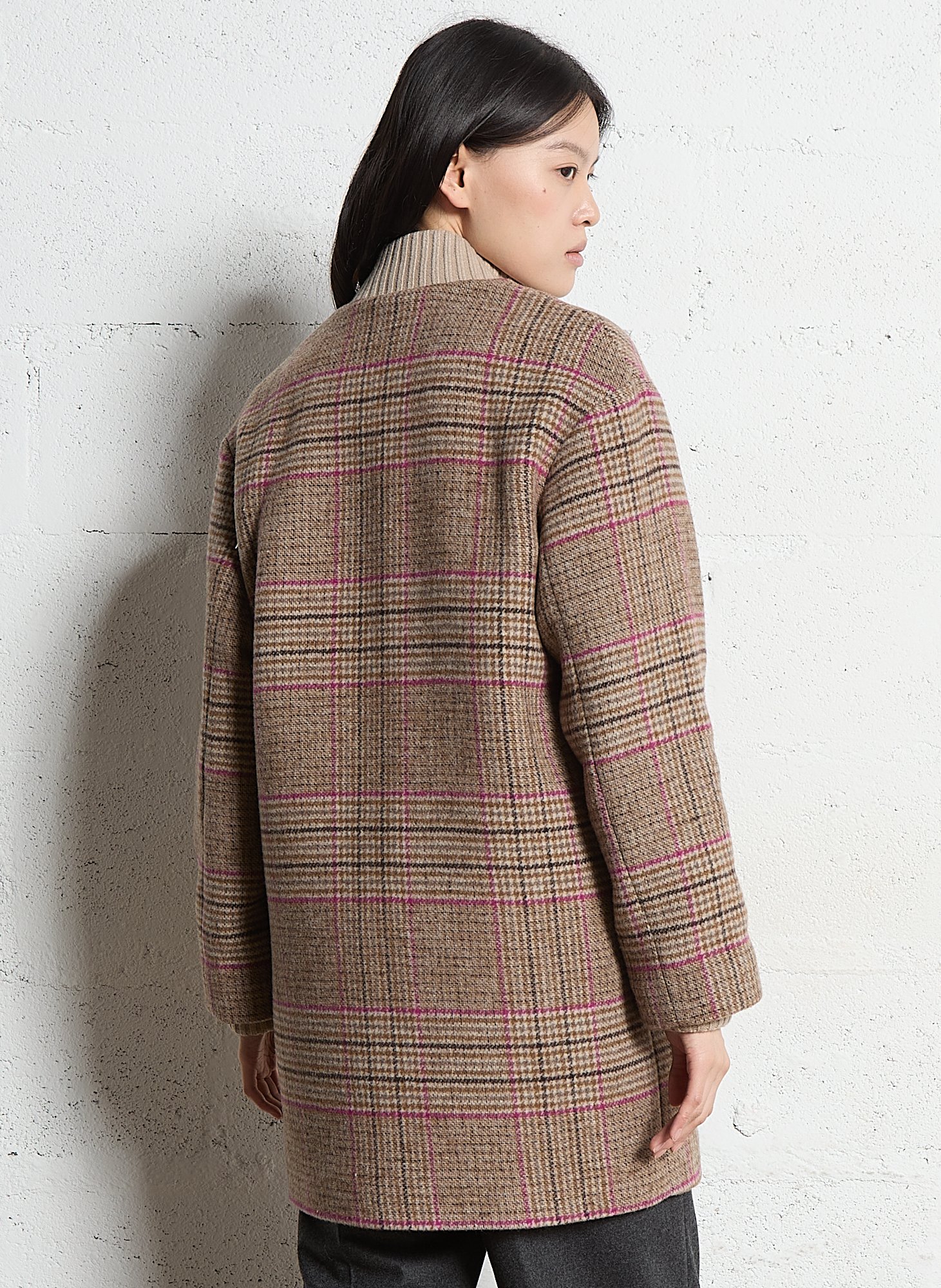 High-neck checked coat I CODE Brown