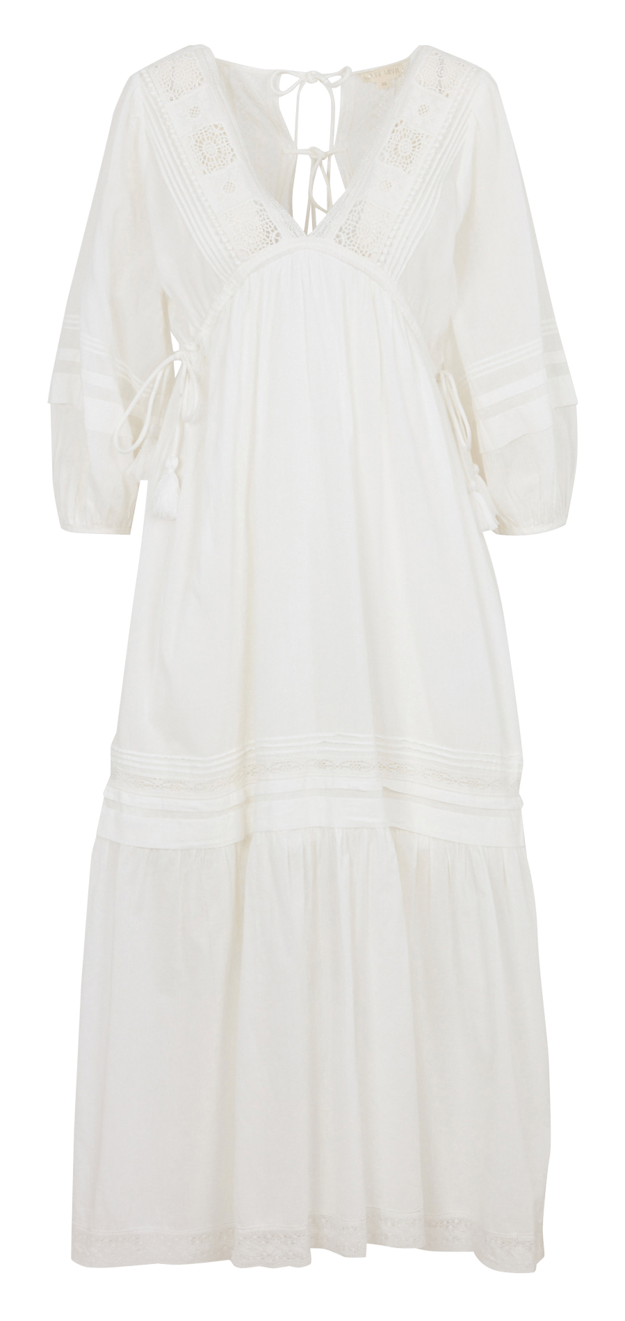 Long loose V-neck dress with lace LOUISE MISHA White