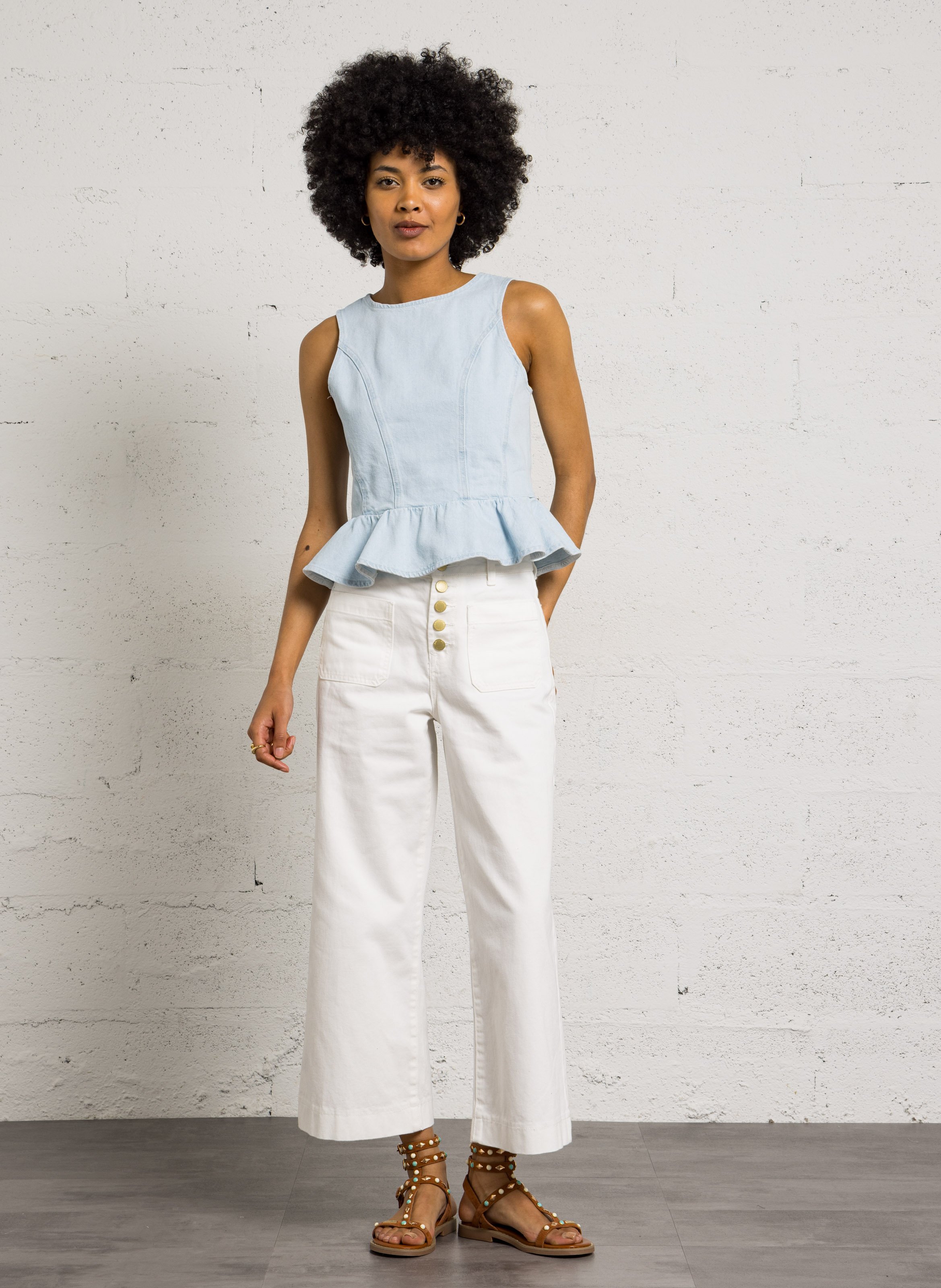 Round neck cotton denim tank top DES PETITS HAUTS Blue