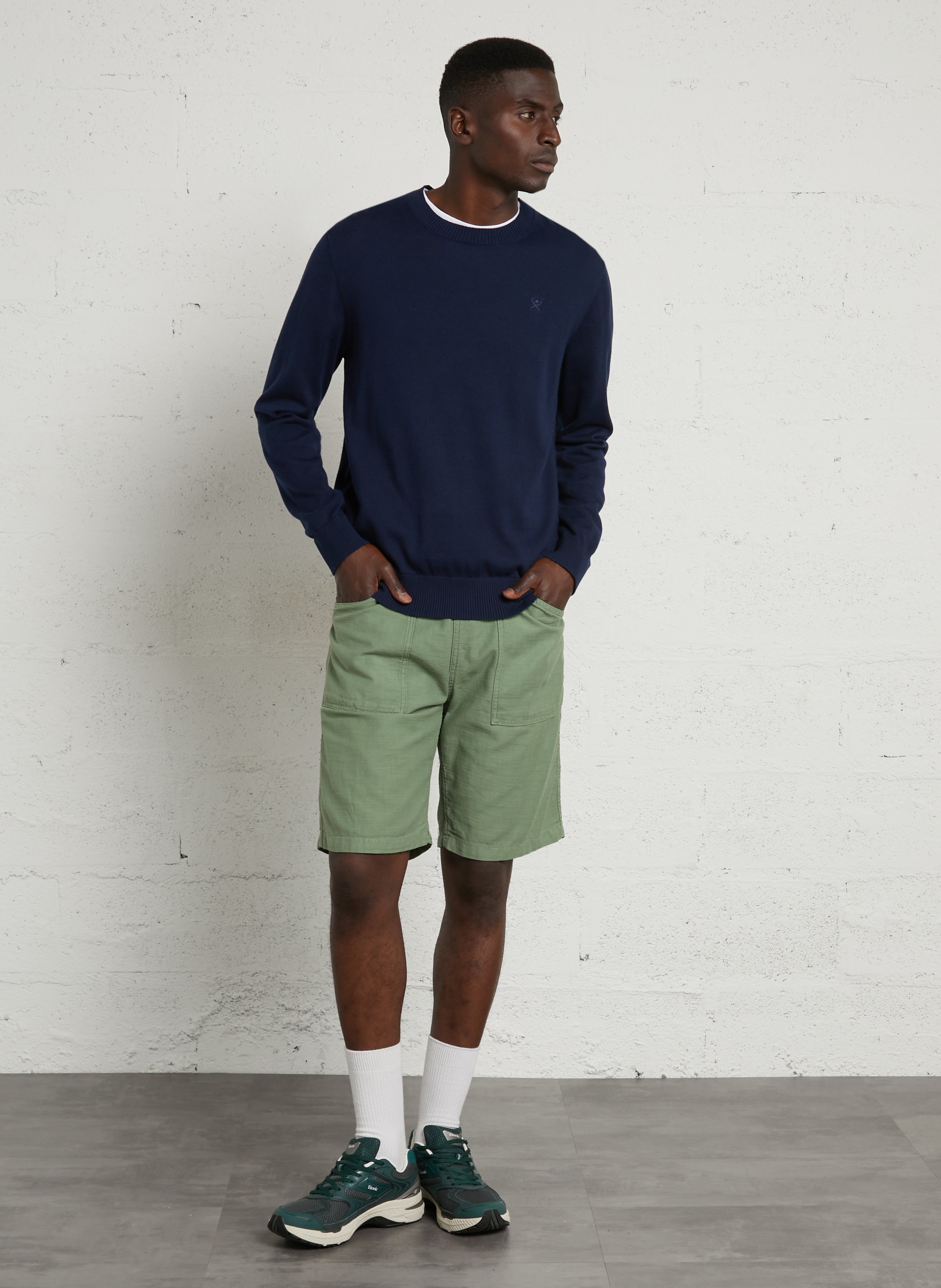 Embroidered straight cotton sweater with round neck HACKETT Blue