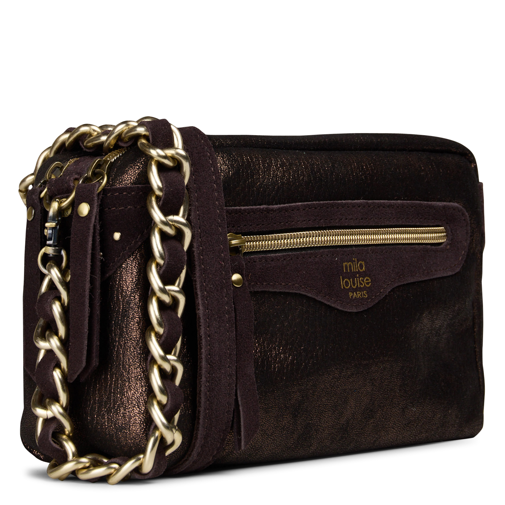 Mixed leather shoulder bag MILA LOUISE Brown
