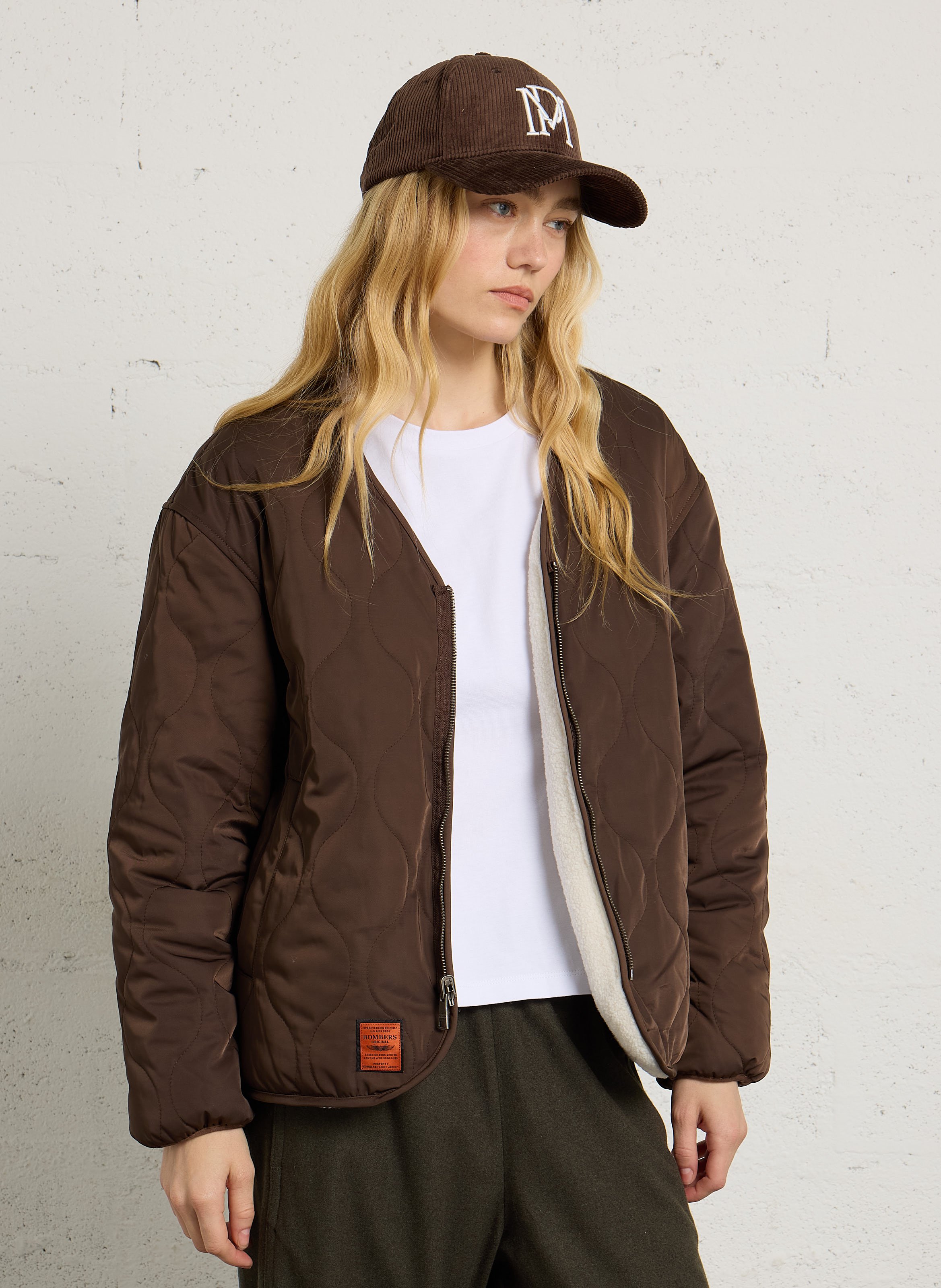 Quilted straight V-neck jacket BOMBERS ORIGINAL Brown