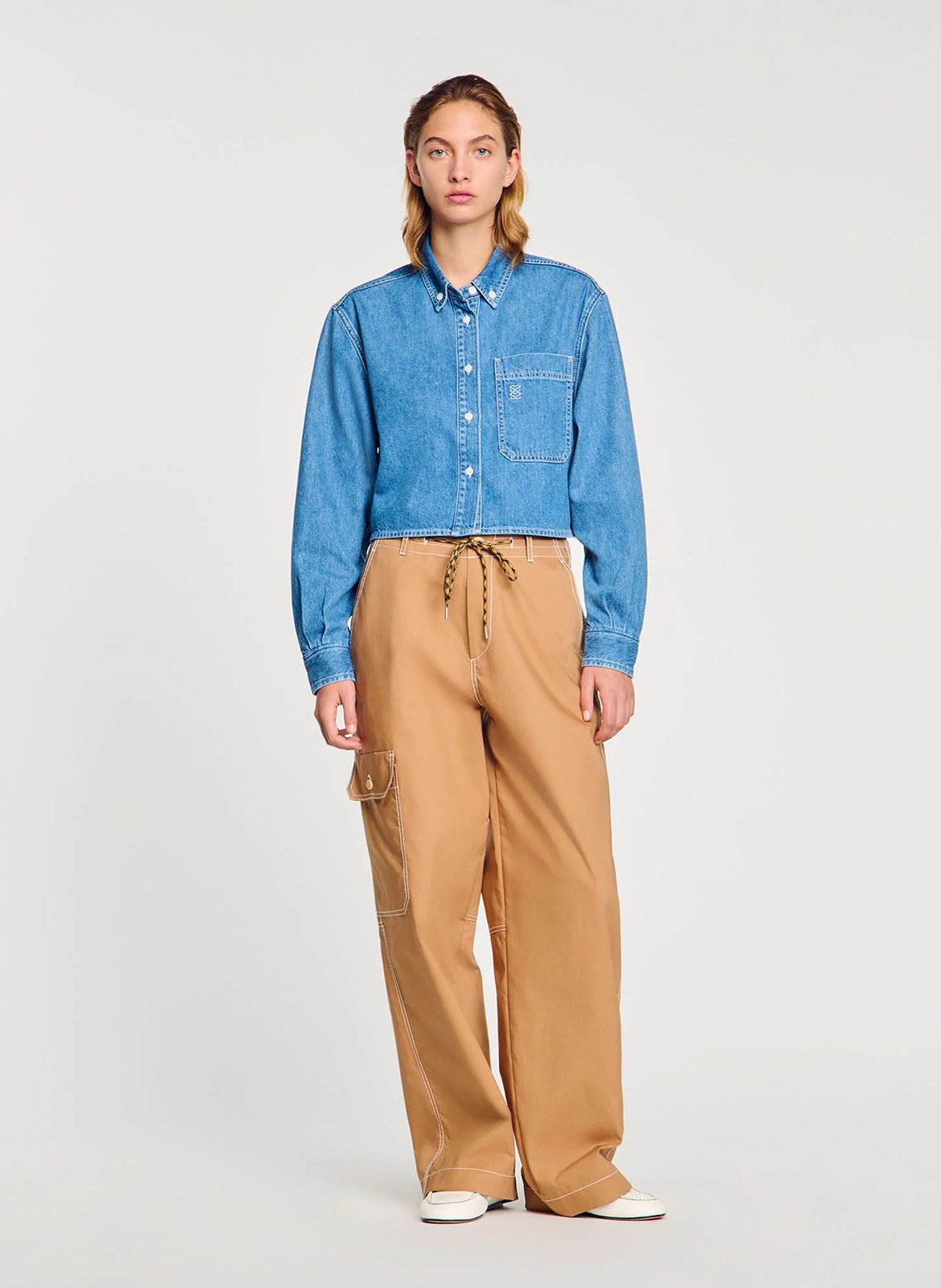 Chemise courte en denim coton SANDRO Bleu