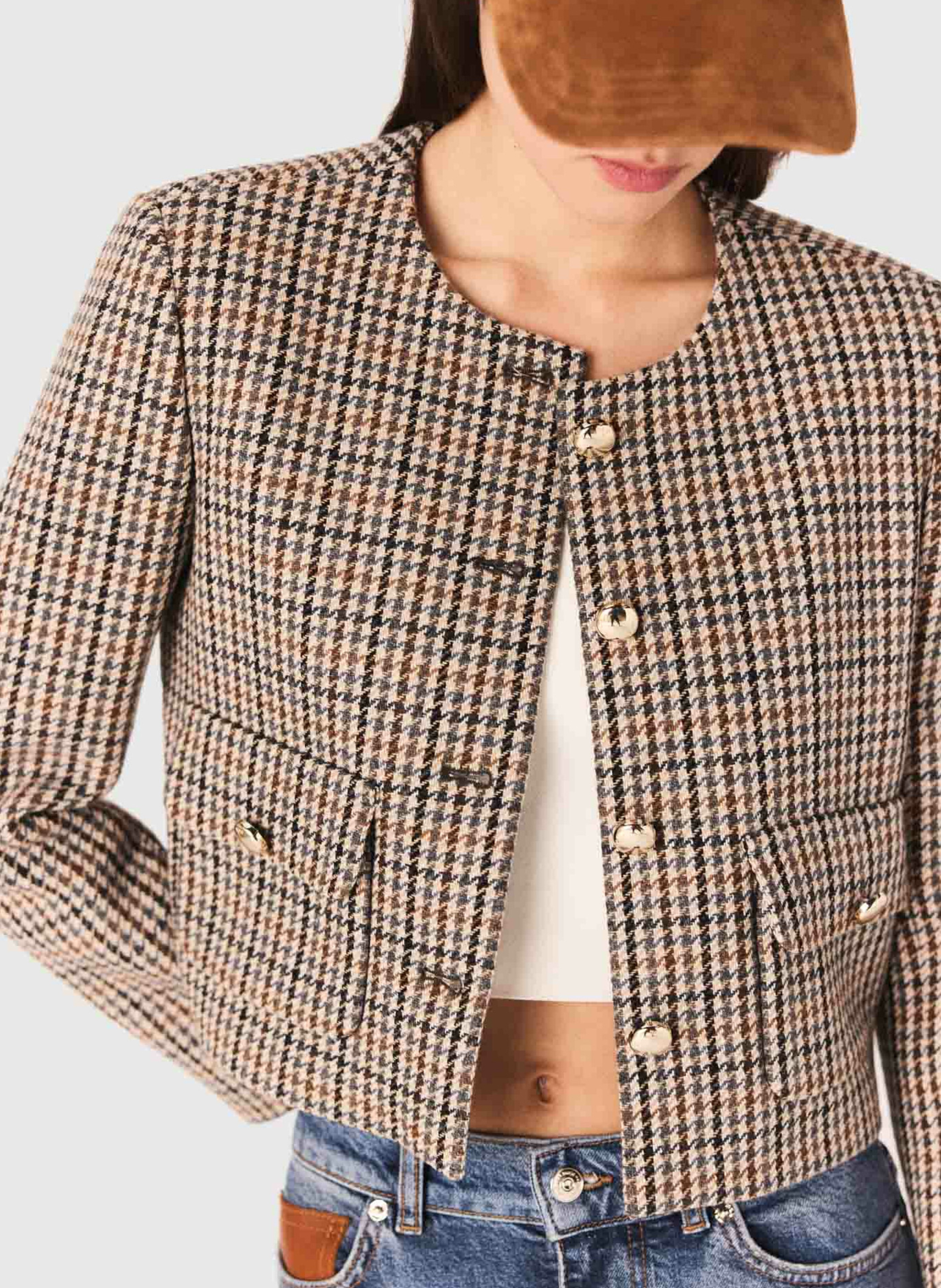 Veste courte à carreaux MAJE Beige