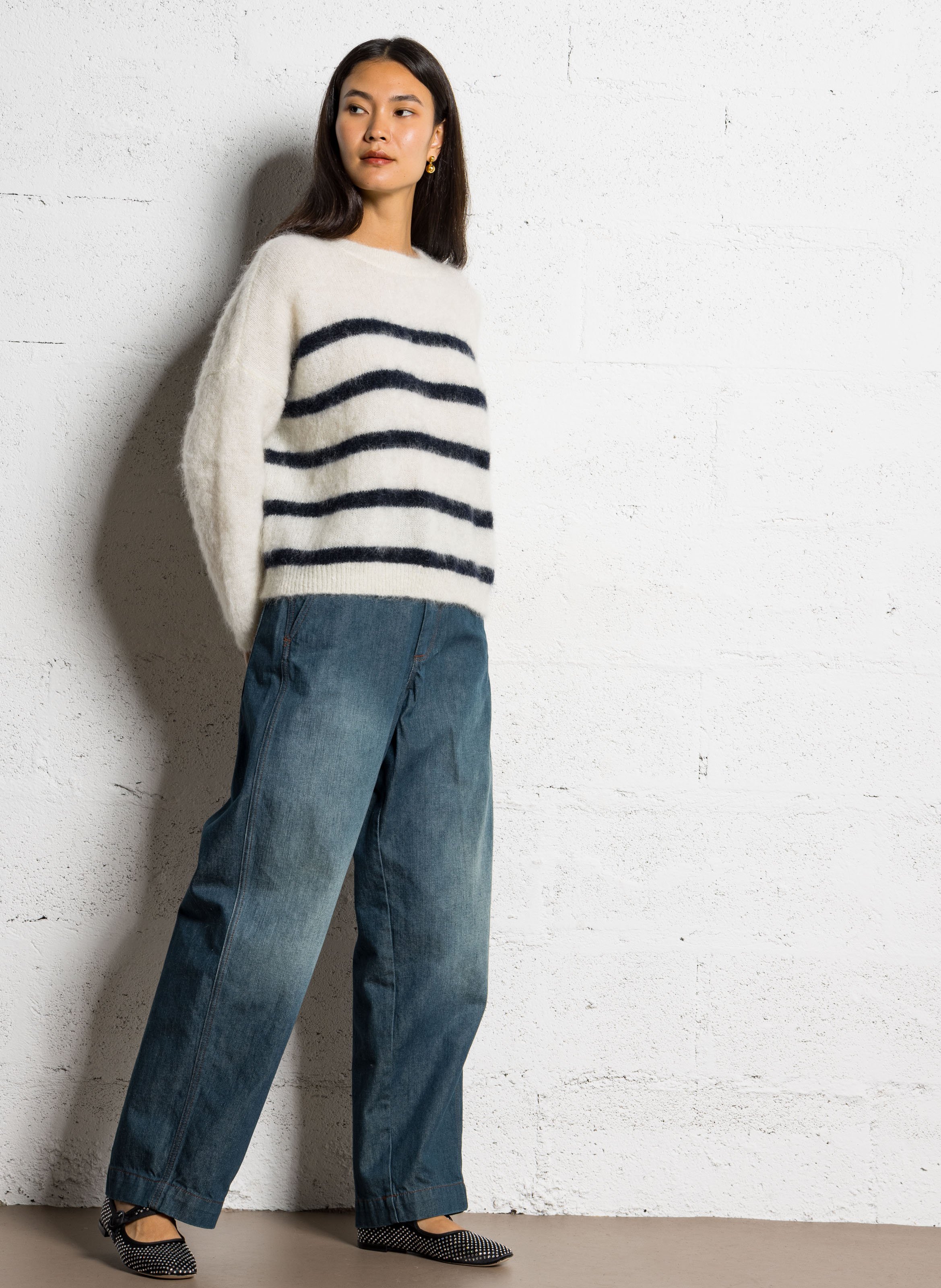 Wool-blend loose-fit striped sweater DES PETITS HAUTS Beige