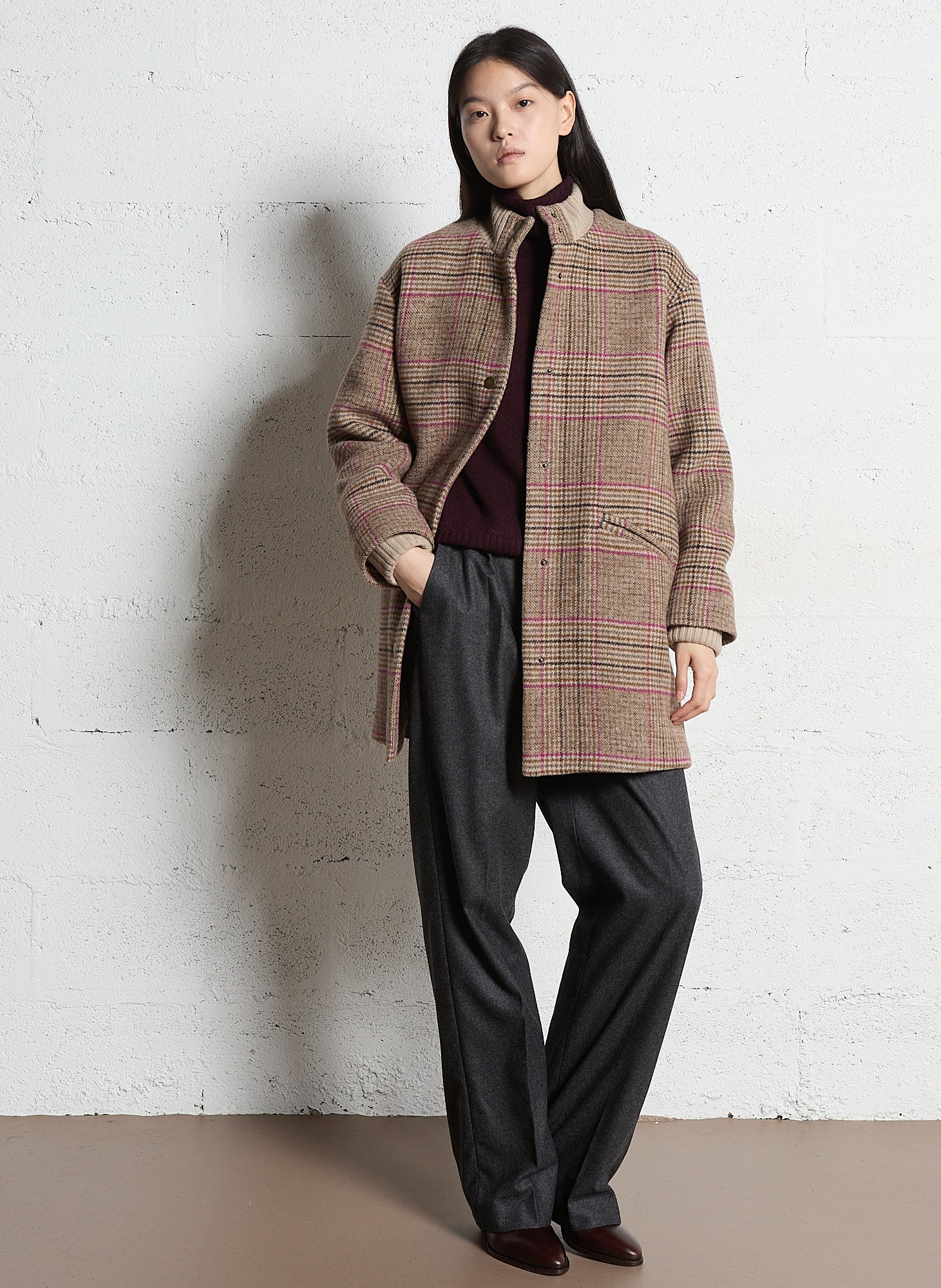 High-neck checked coat I CODE Brown