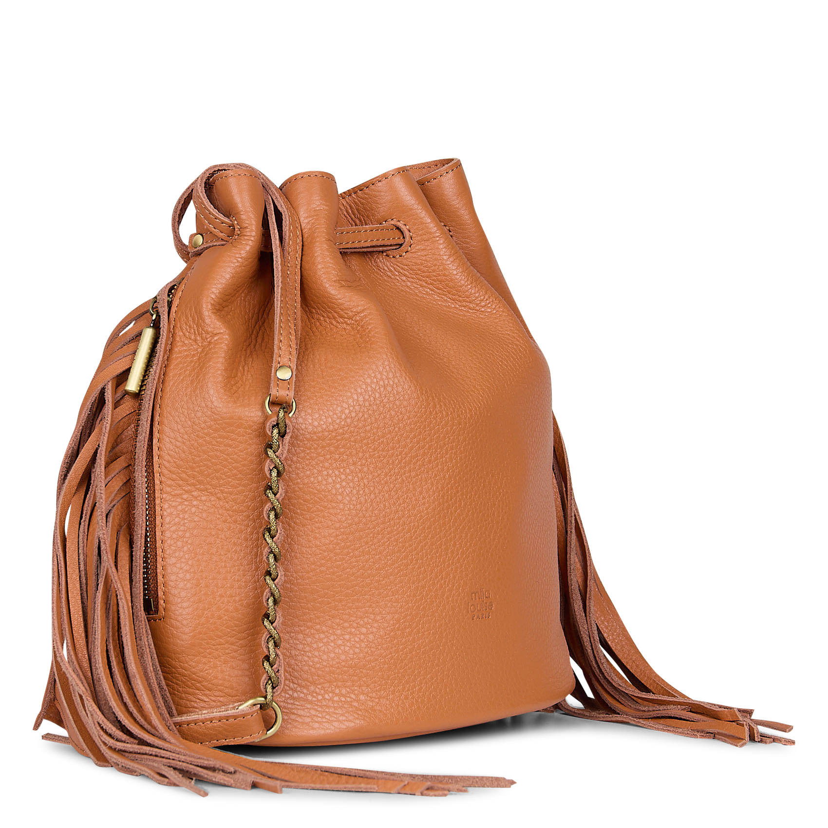 Schoudertas met franjes van generfd leer MILA LOUISE Bruin