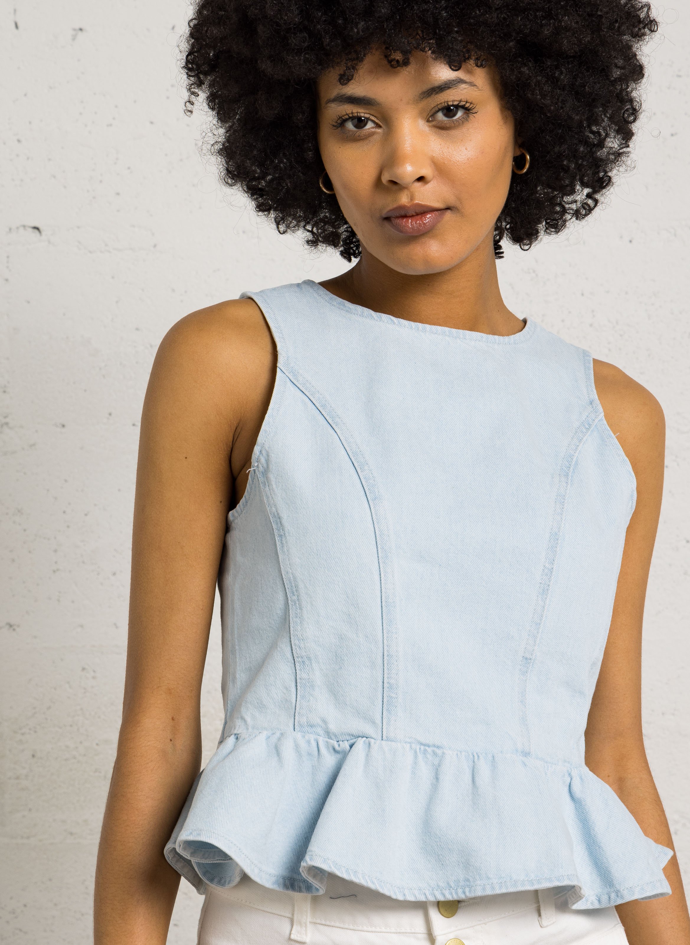 Round neck cotton denim tank top DES PETITS HAUTS Blue