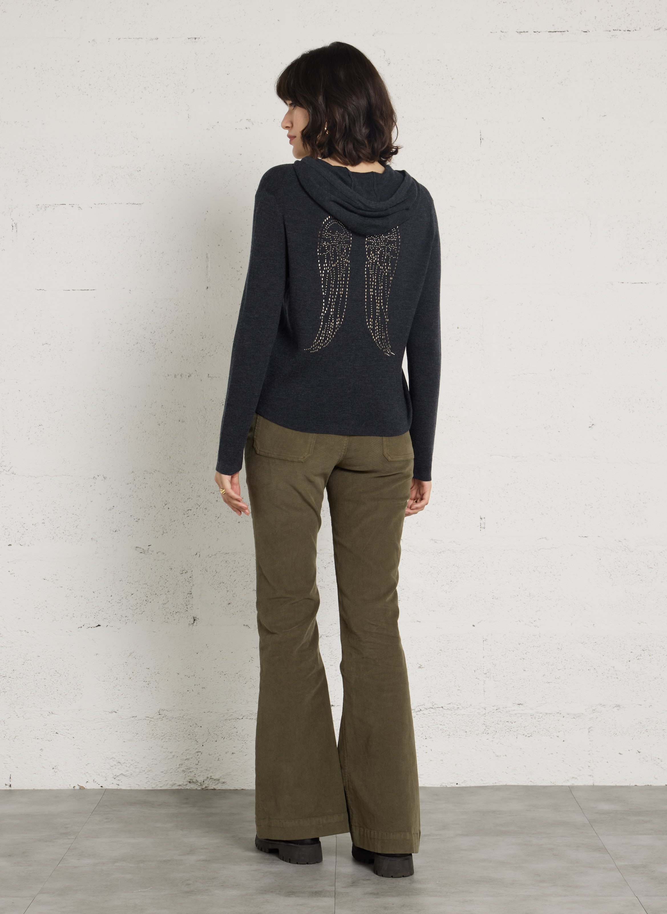 Pull fin boutonné à capuche en laine BERENICE Gris