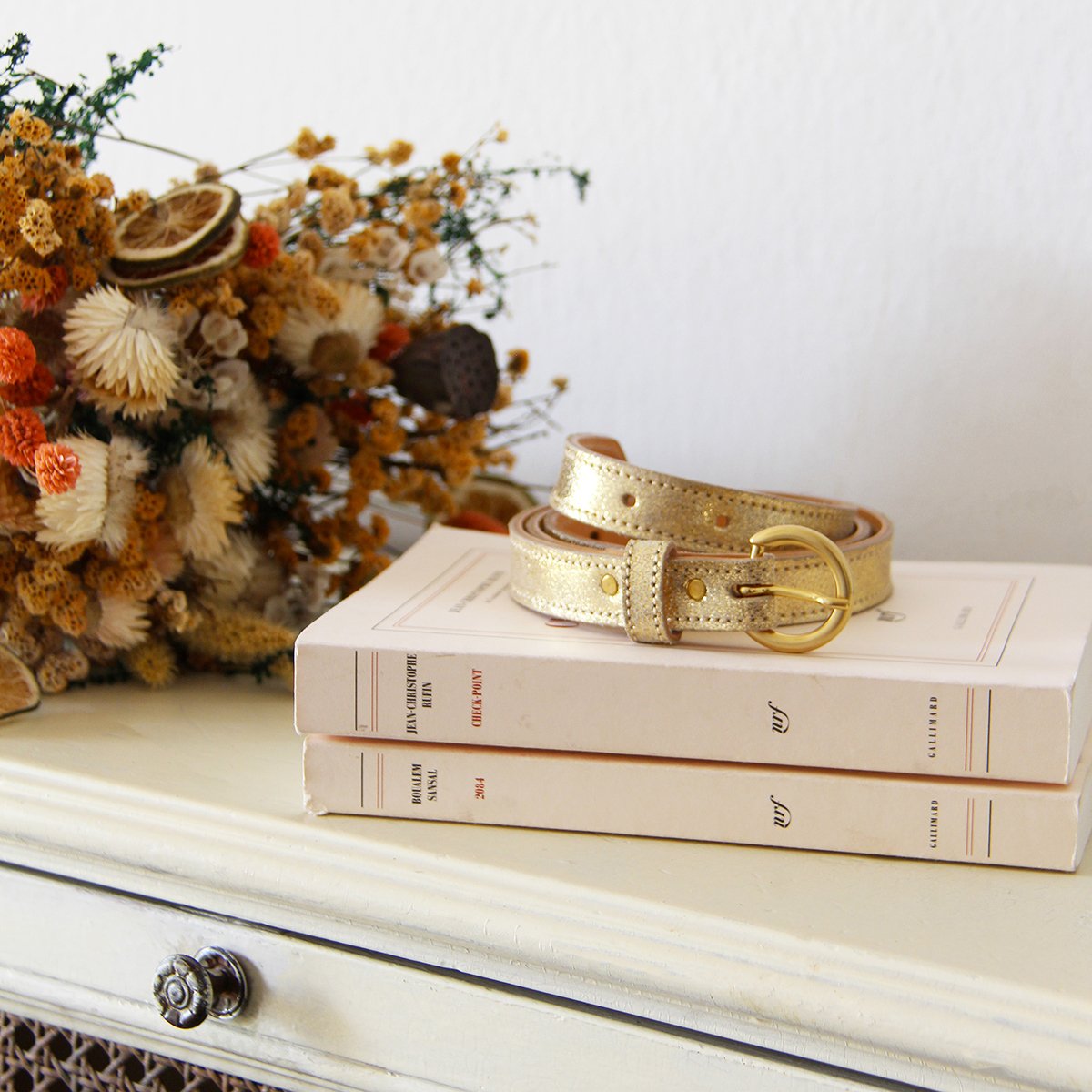 Gold metallic leather buckle belt JULES & JENN Golden