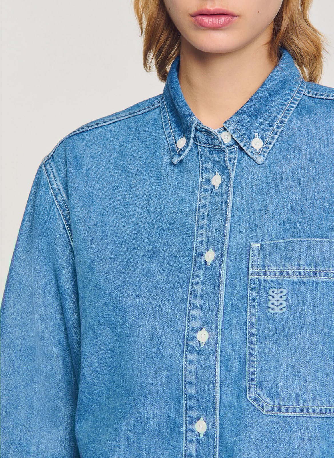 Chemise courte en denim coton SANDRO Bleu