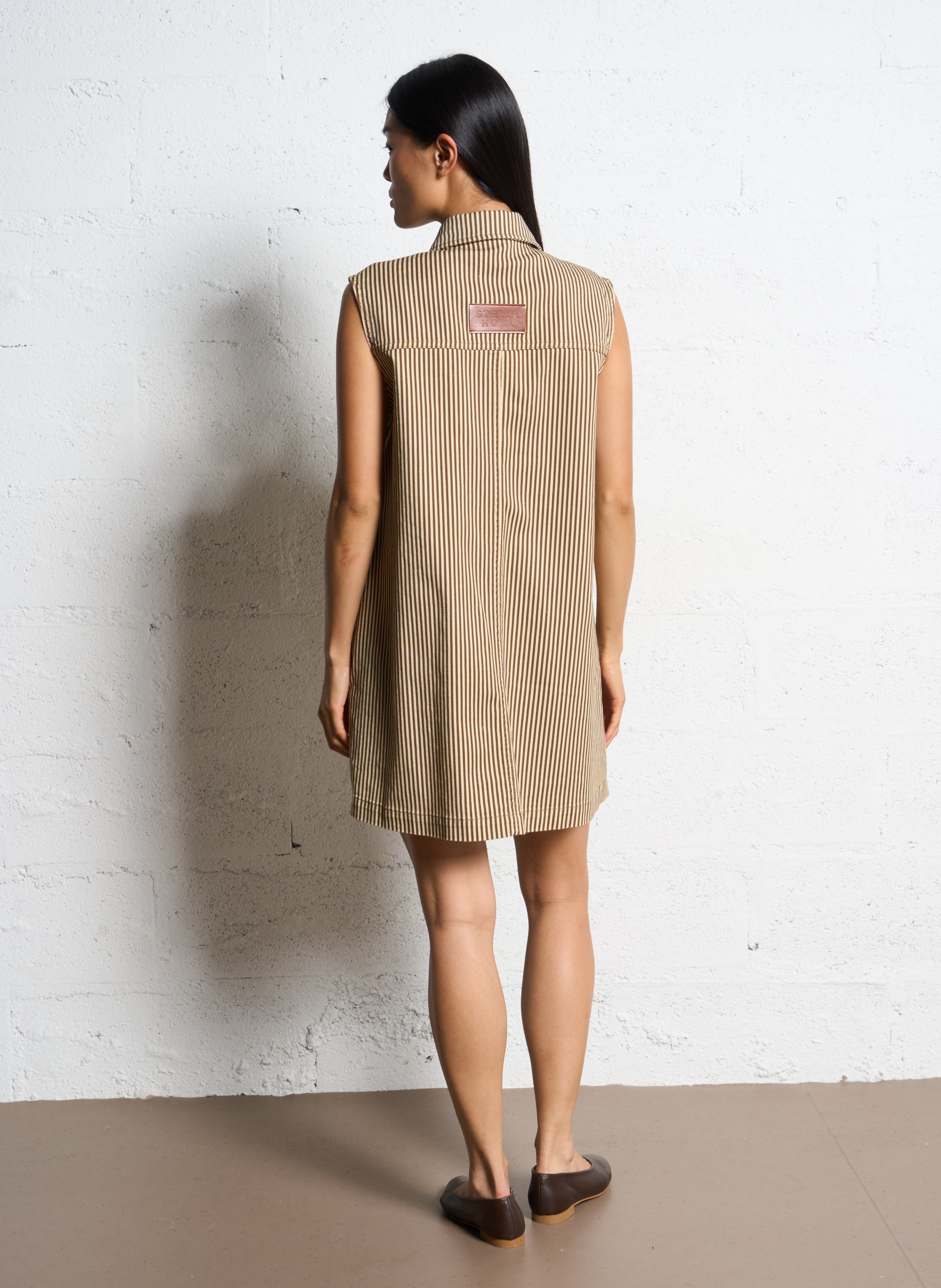 Short organic cotton striped dress Khaki