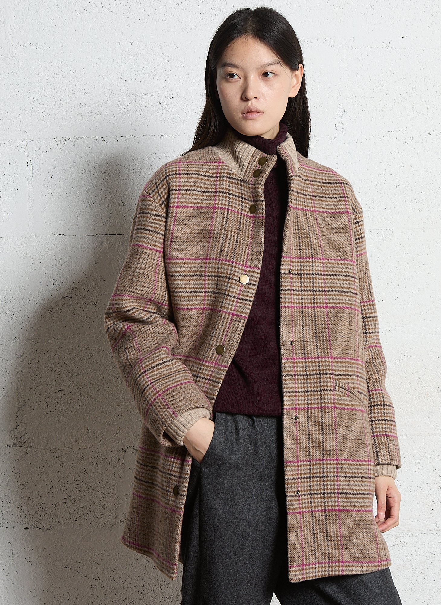 High-neck checked coat I CODE Brown