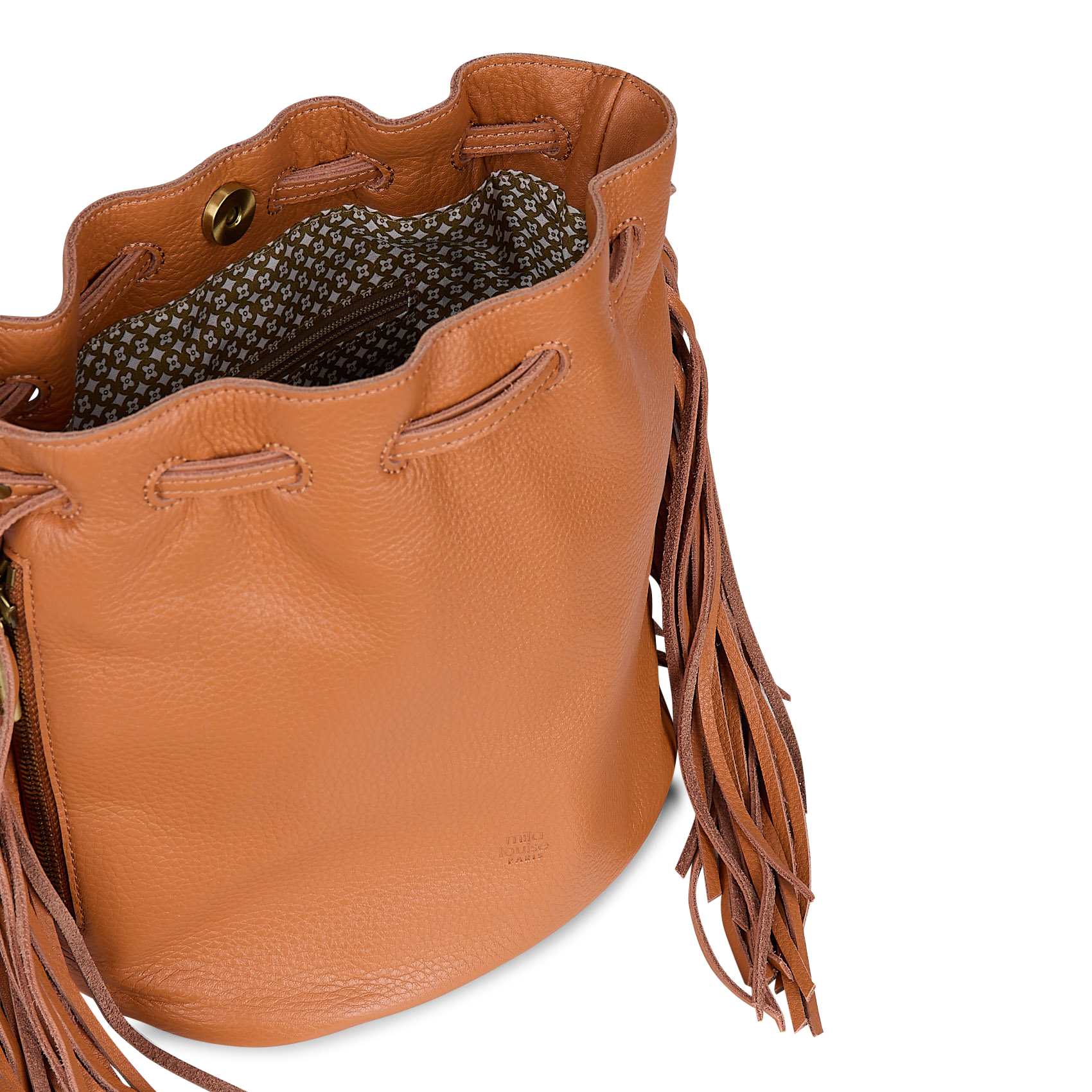 Schoudertas met franjes van generfd leer MILA LOUISE Bruin