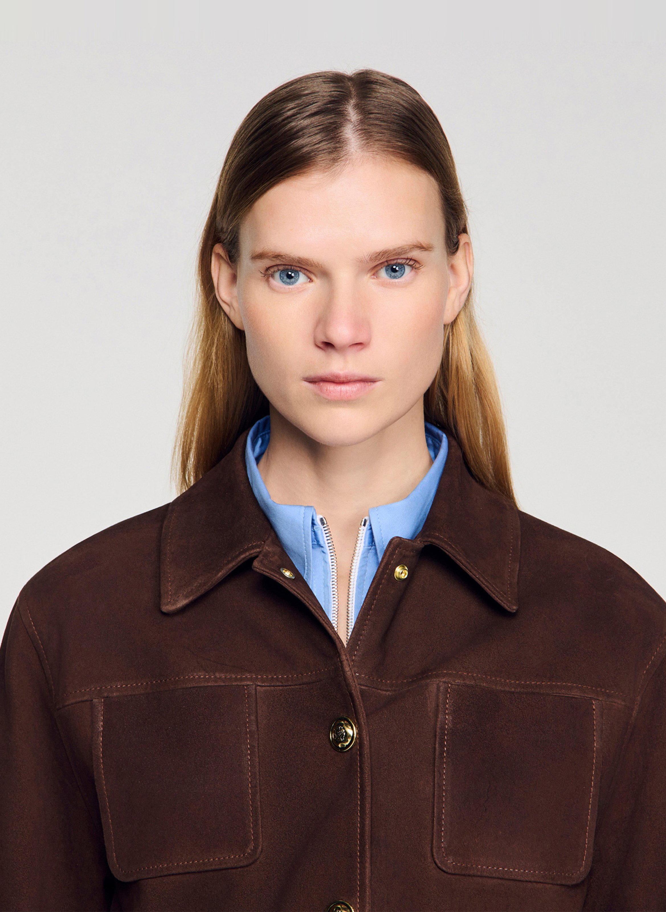 Straight leather jacket Brown