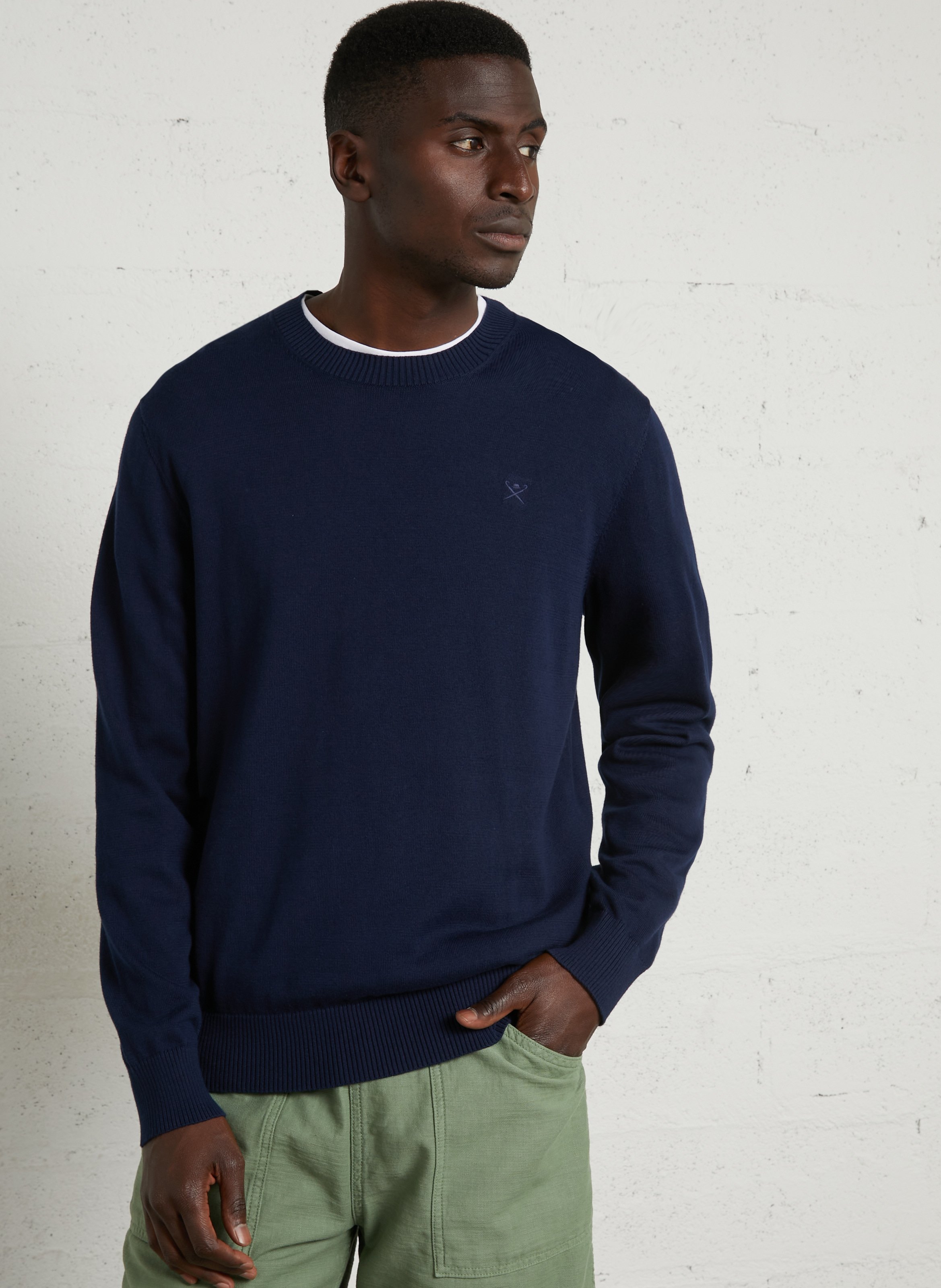 Embroidered straight cotton sweater with round neck HACKETT