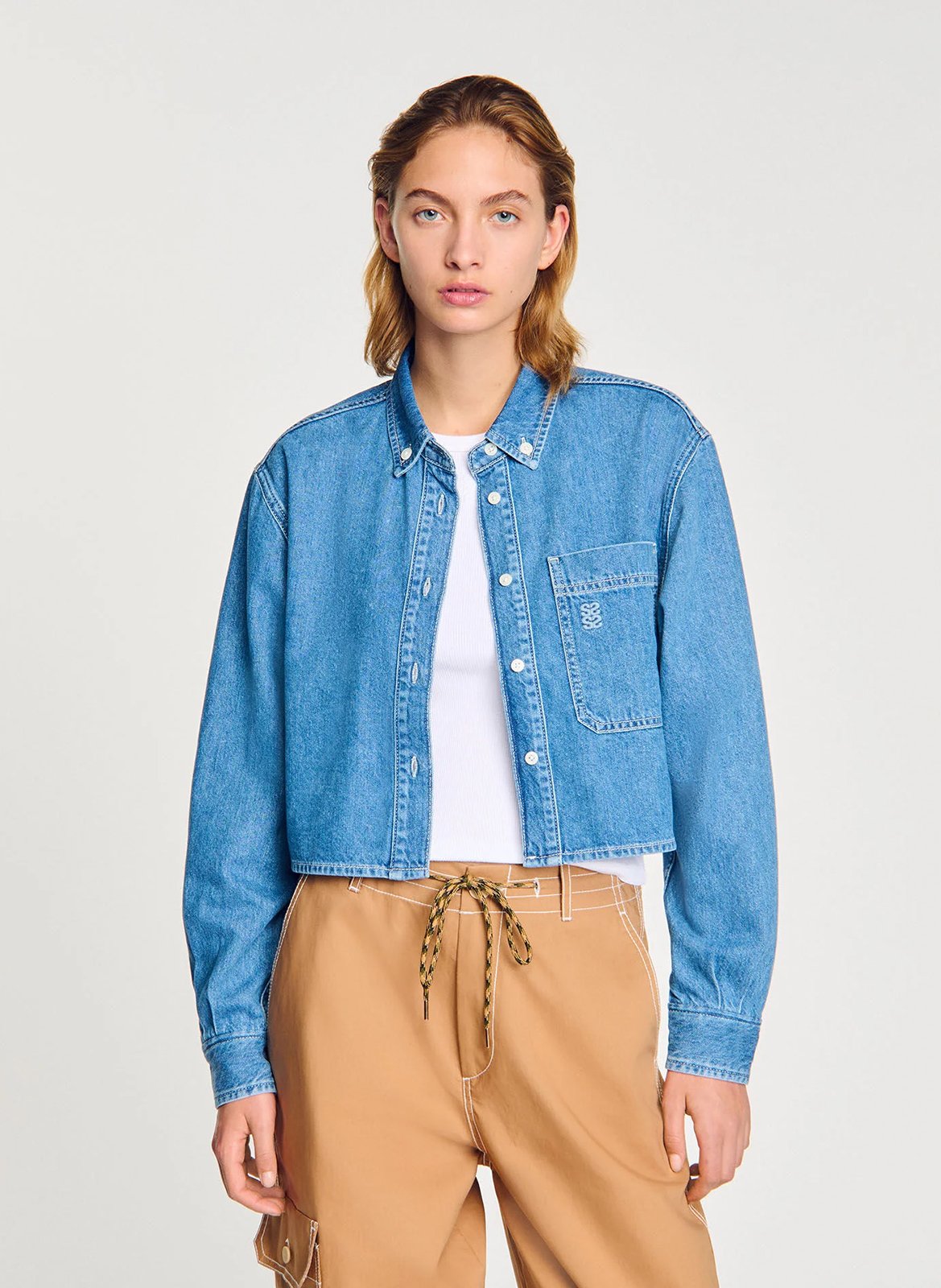 Chemise courte en denim coton SANDRO Bleu