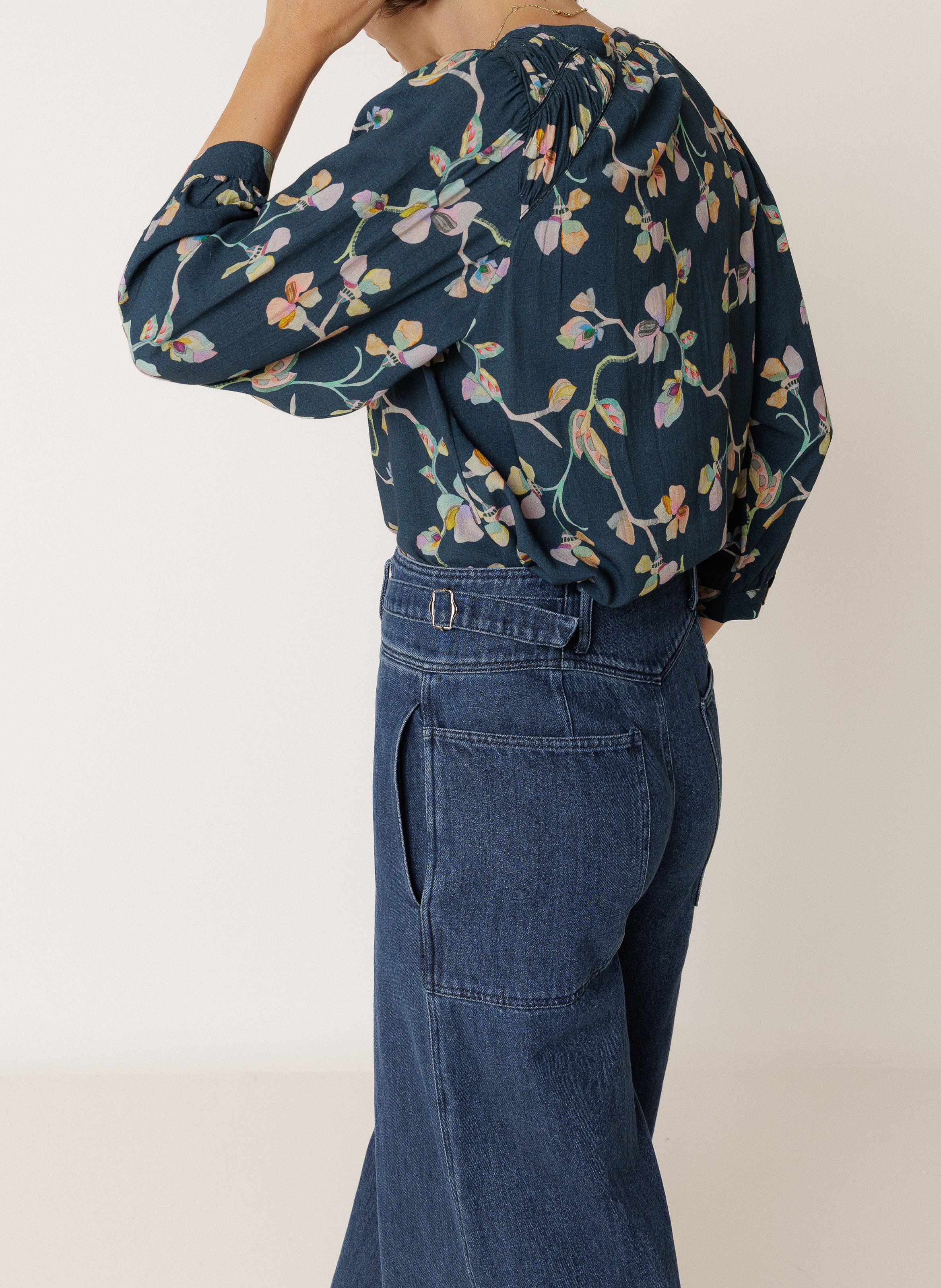 Chemisier droit col rond imprimé INDI & COLD Bleu