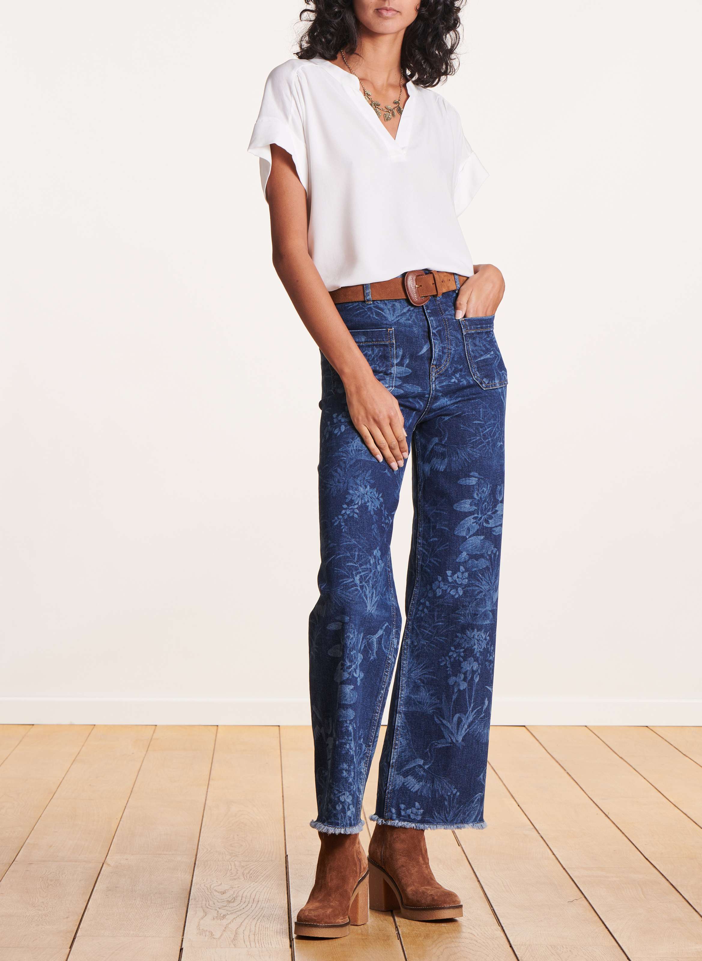 Tee-shirt ample col V bi-matières LA FEE MARABOUTEE Blanc