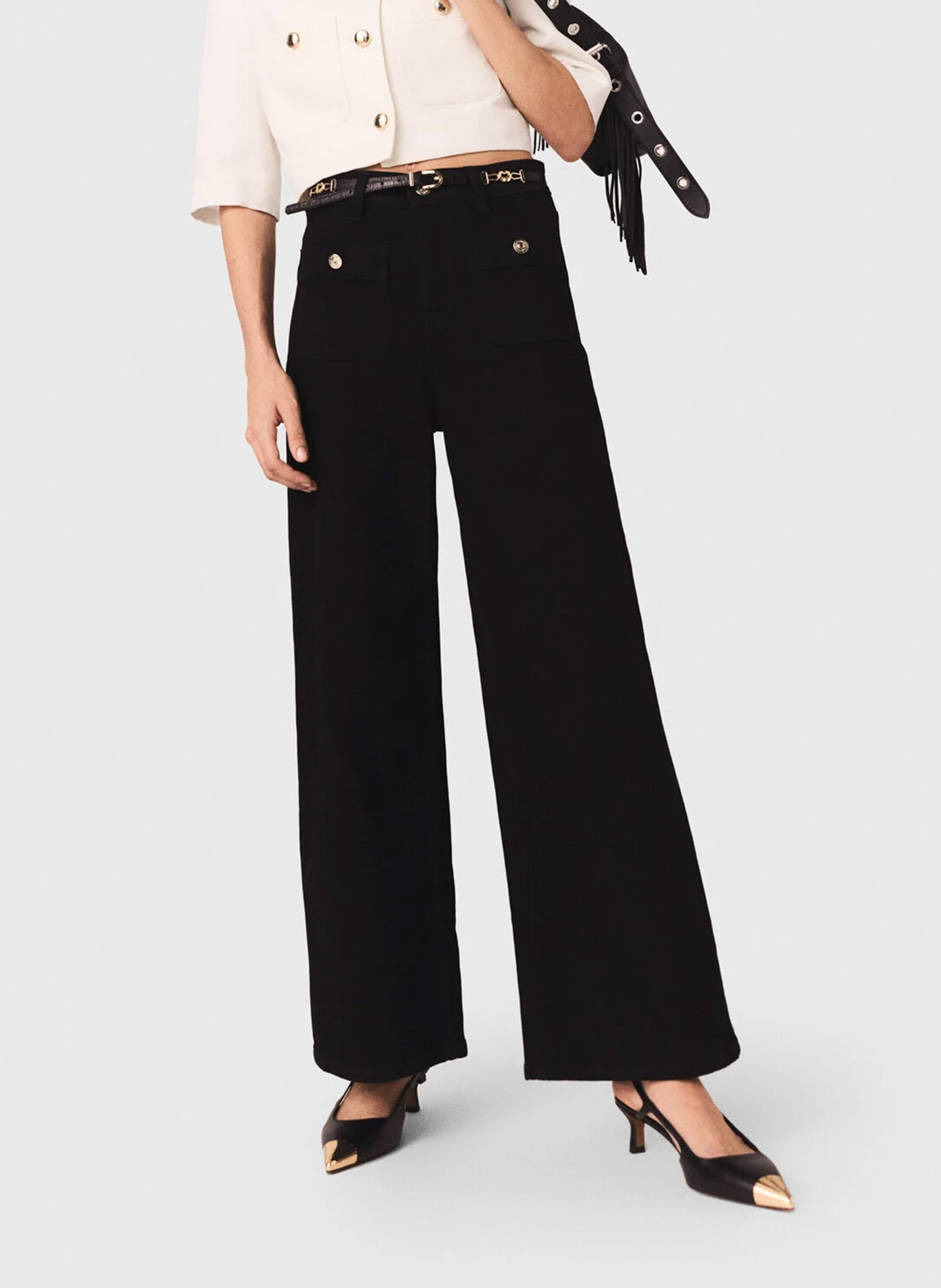 Jean flare taille haute en coton mélangé MAJE Noir