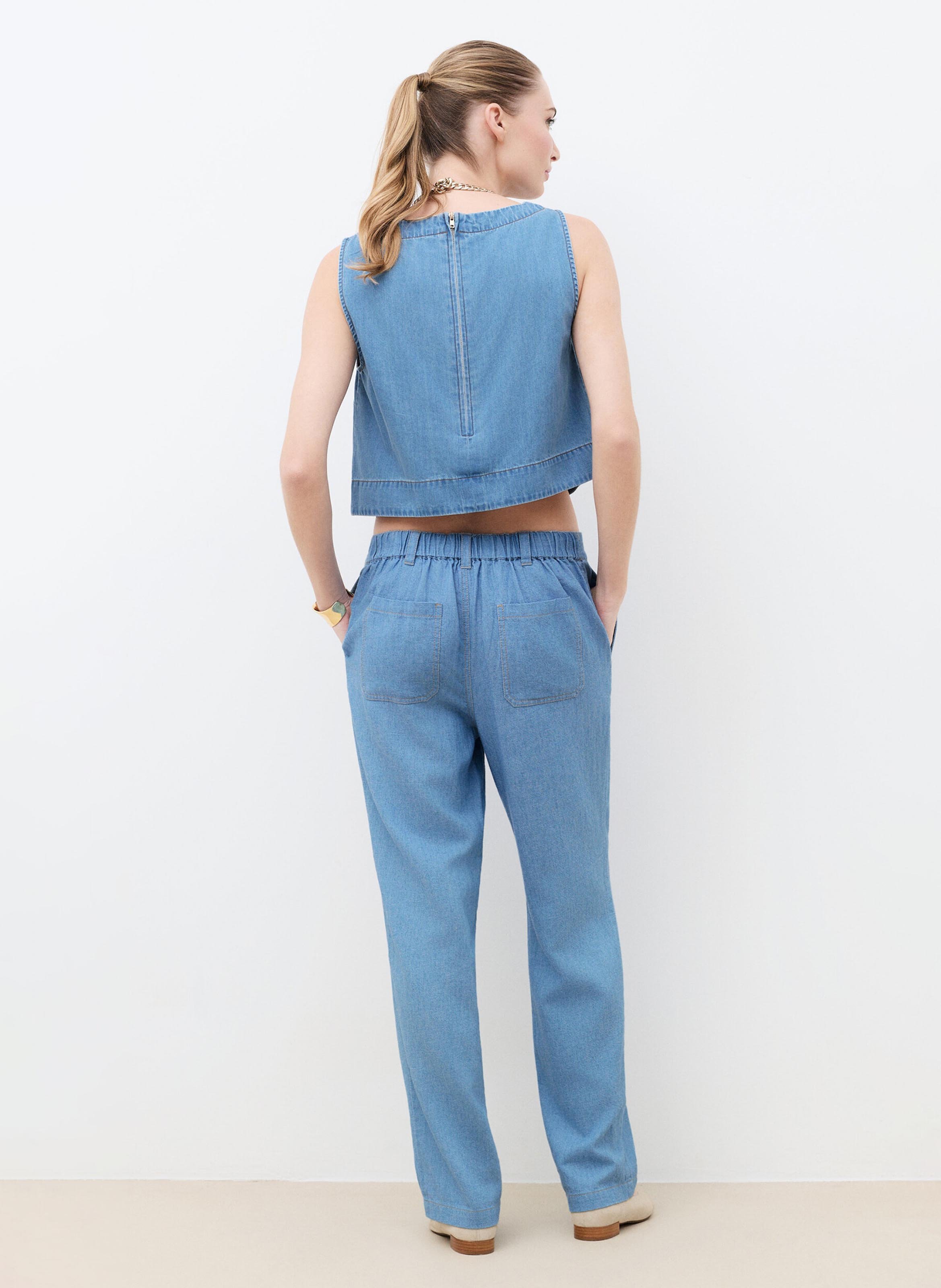 Top droit col rond en coton mélangé CAROLL Bleu