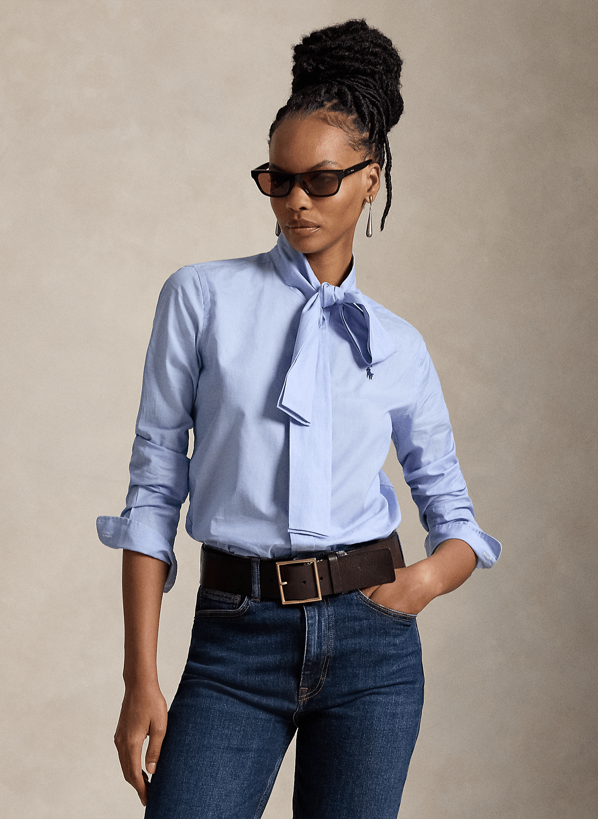Rechte blouse met strikkraag van katoen POLO RALPH LAUREN Blauw