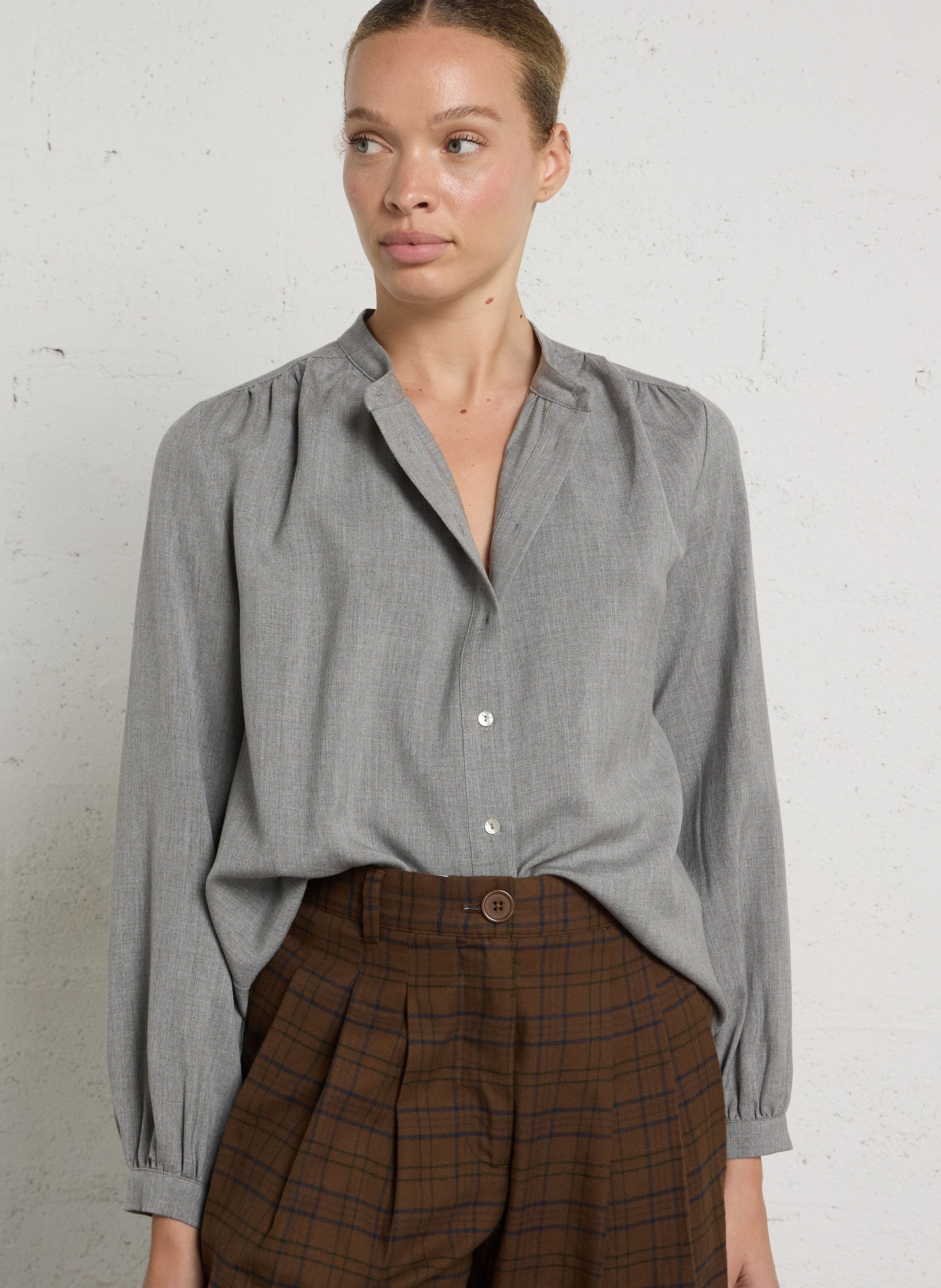 Mao collar blouse in lyocell and cotton JC SOPHIE Grey