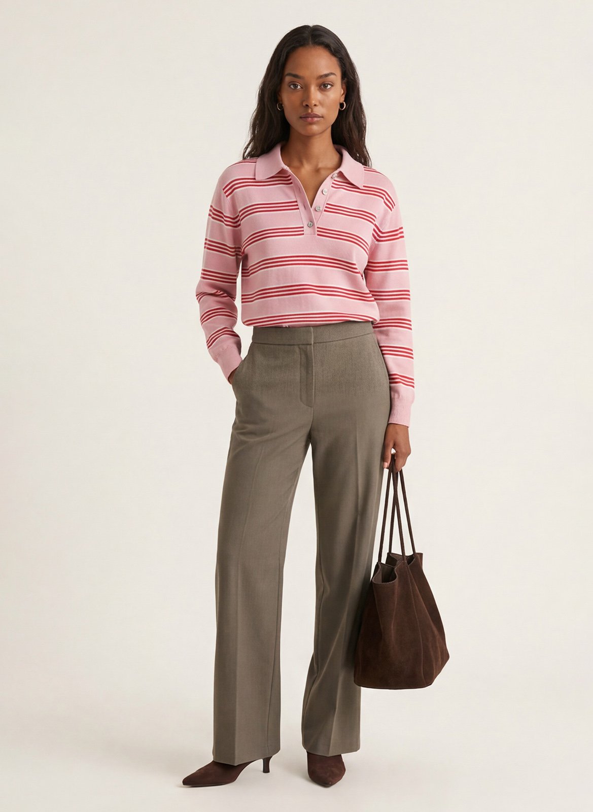 Straight-cut striped polo-collar sweater KOOKAI Pink
