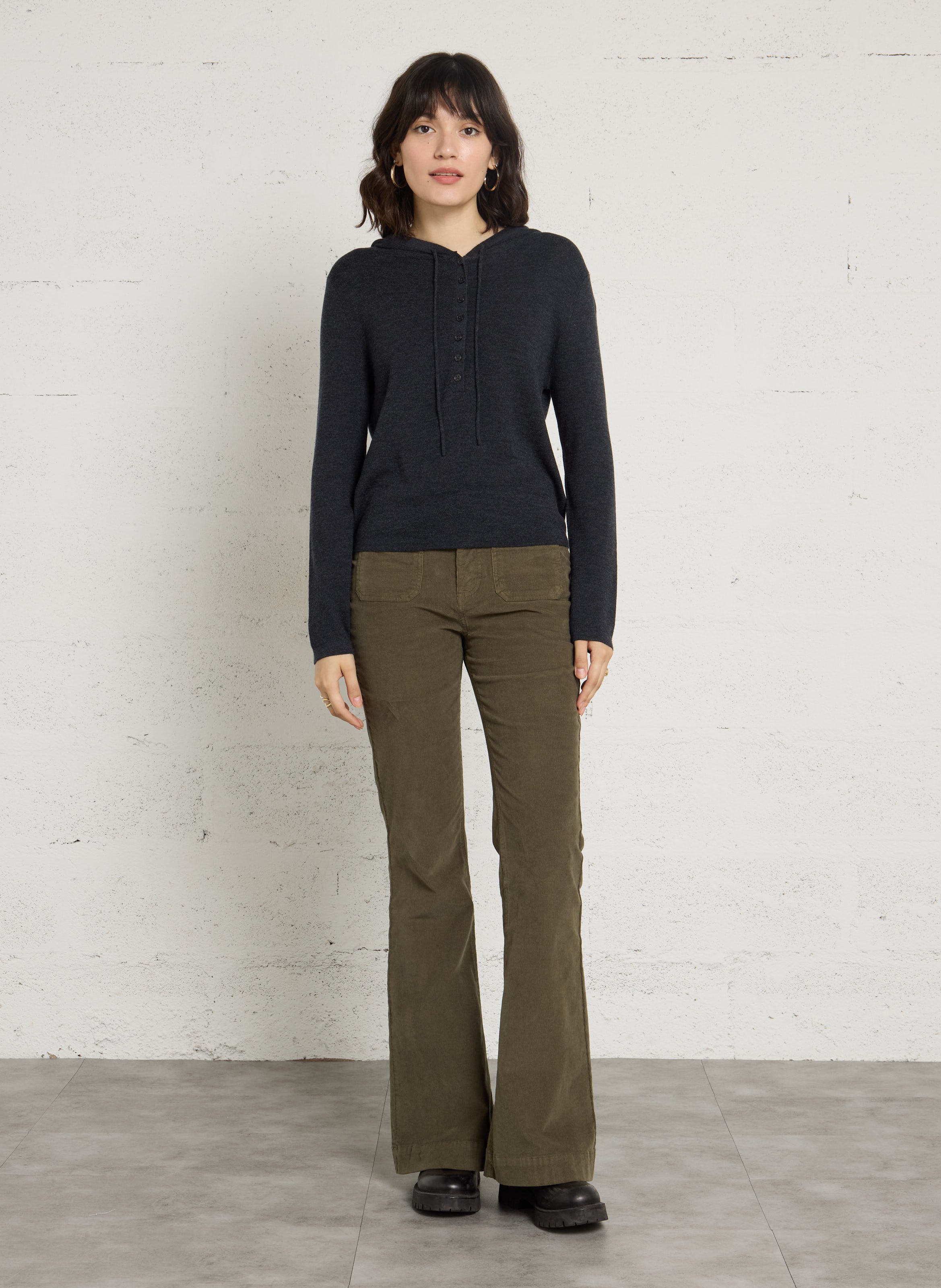 Pull fin boutonné à capuche en laine BERENICE Gris