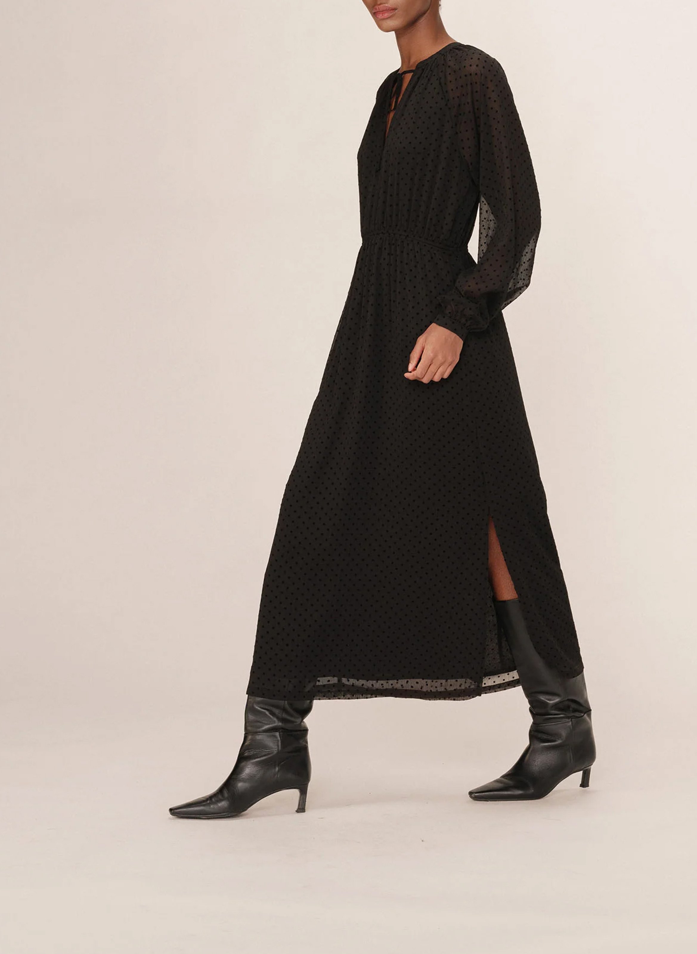 Flowy long dress with velvet polka dots GRACE ET MILA Black