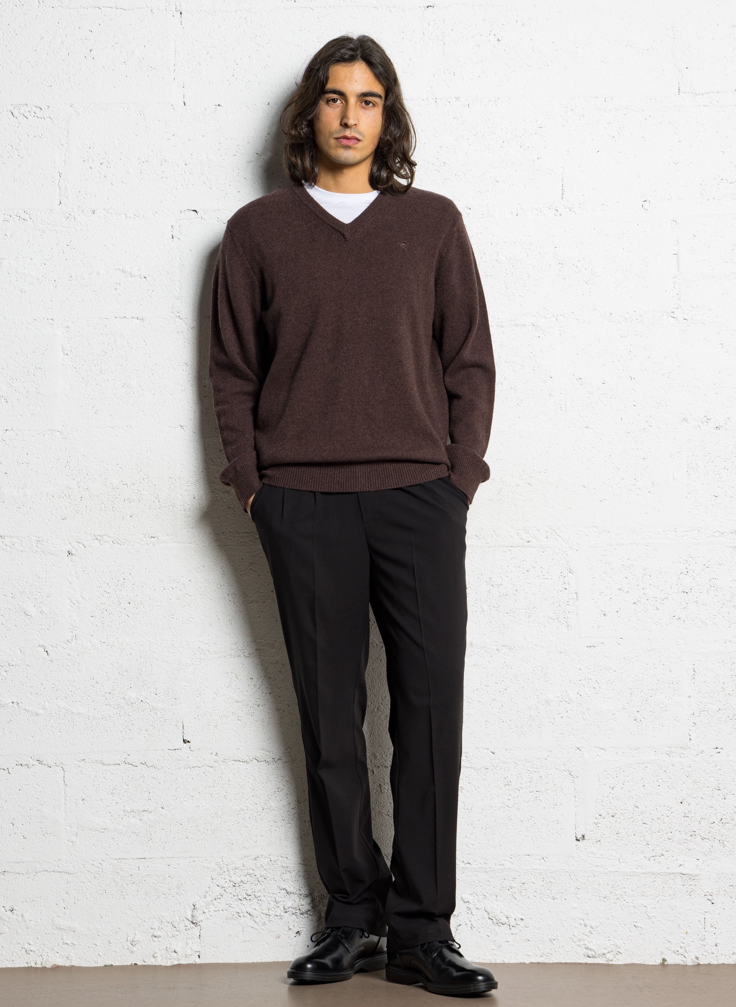 Pull col V uni en laine HACKETT Marron