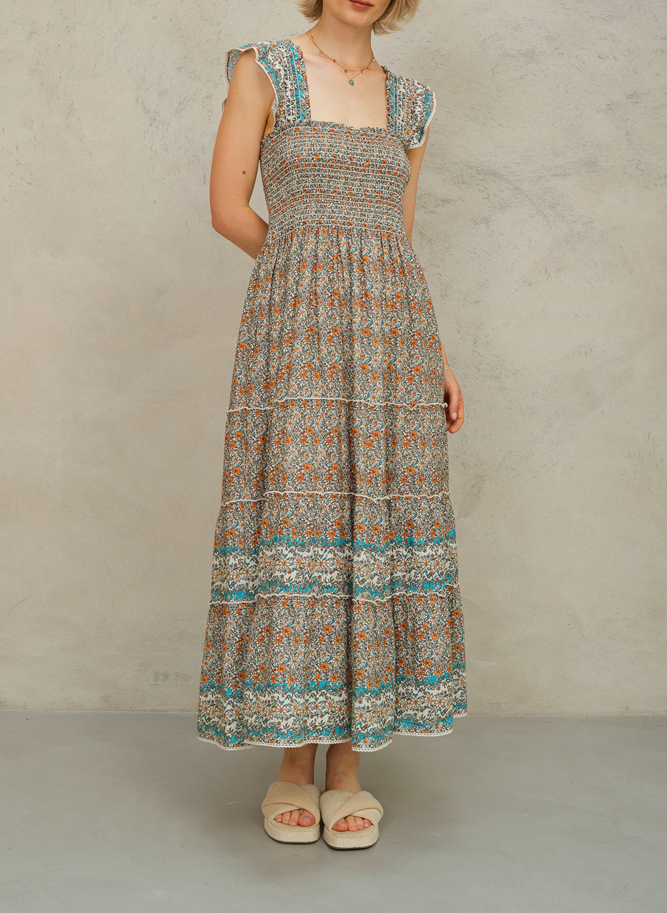 Lange, katoenen jurk met vierkante hals en print M.A.B.E Veelkleurig