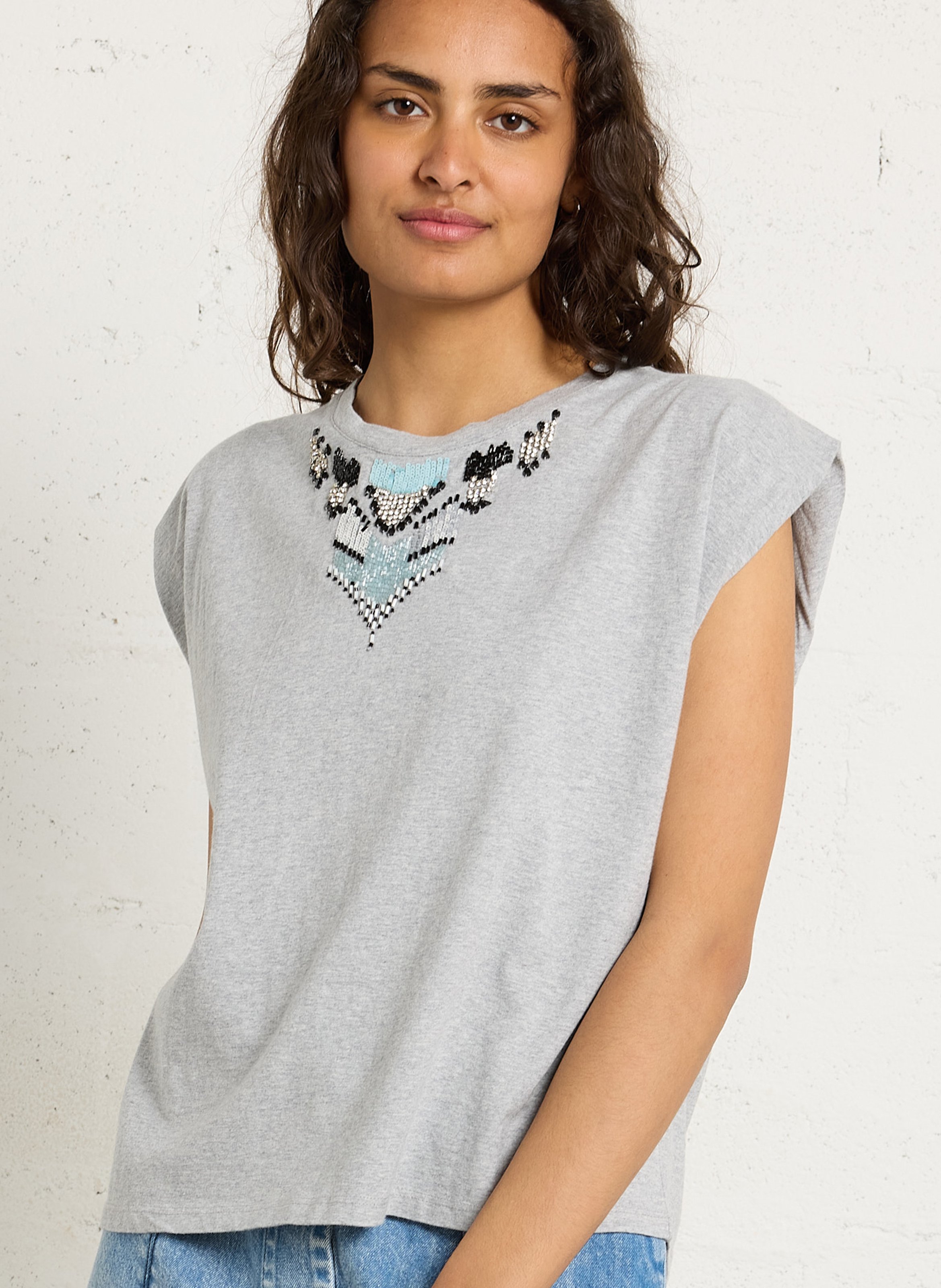 Top oversize col rond en coton  BERENICE Gris