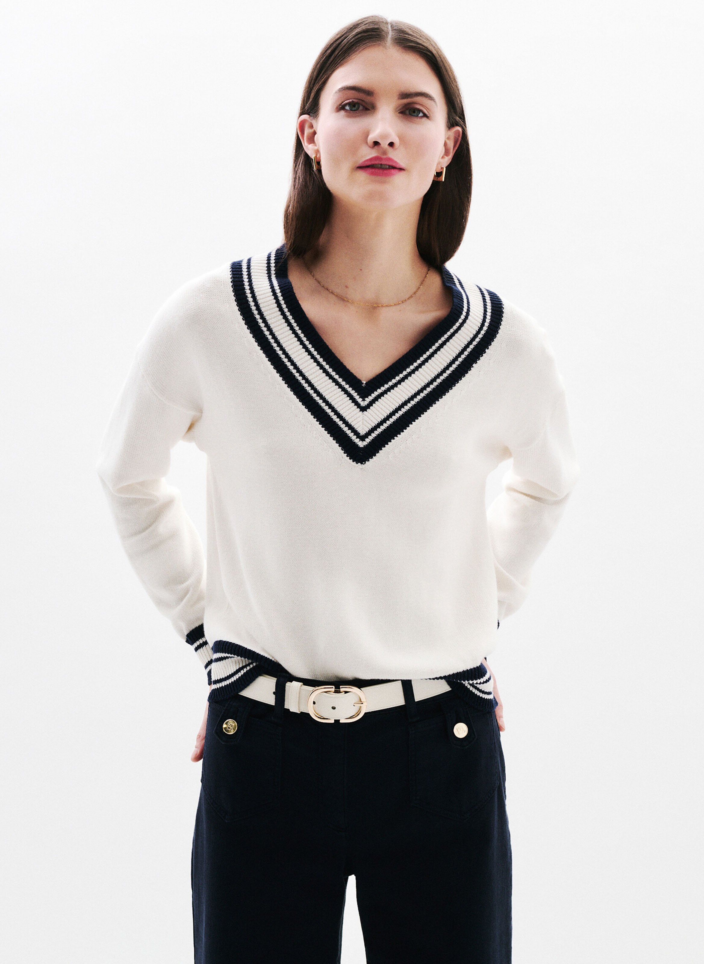 Straight V-neck cotton sweater CAROLL Beige