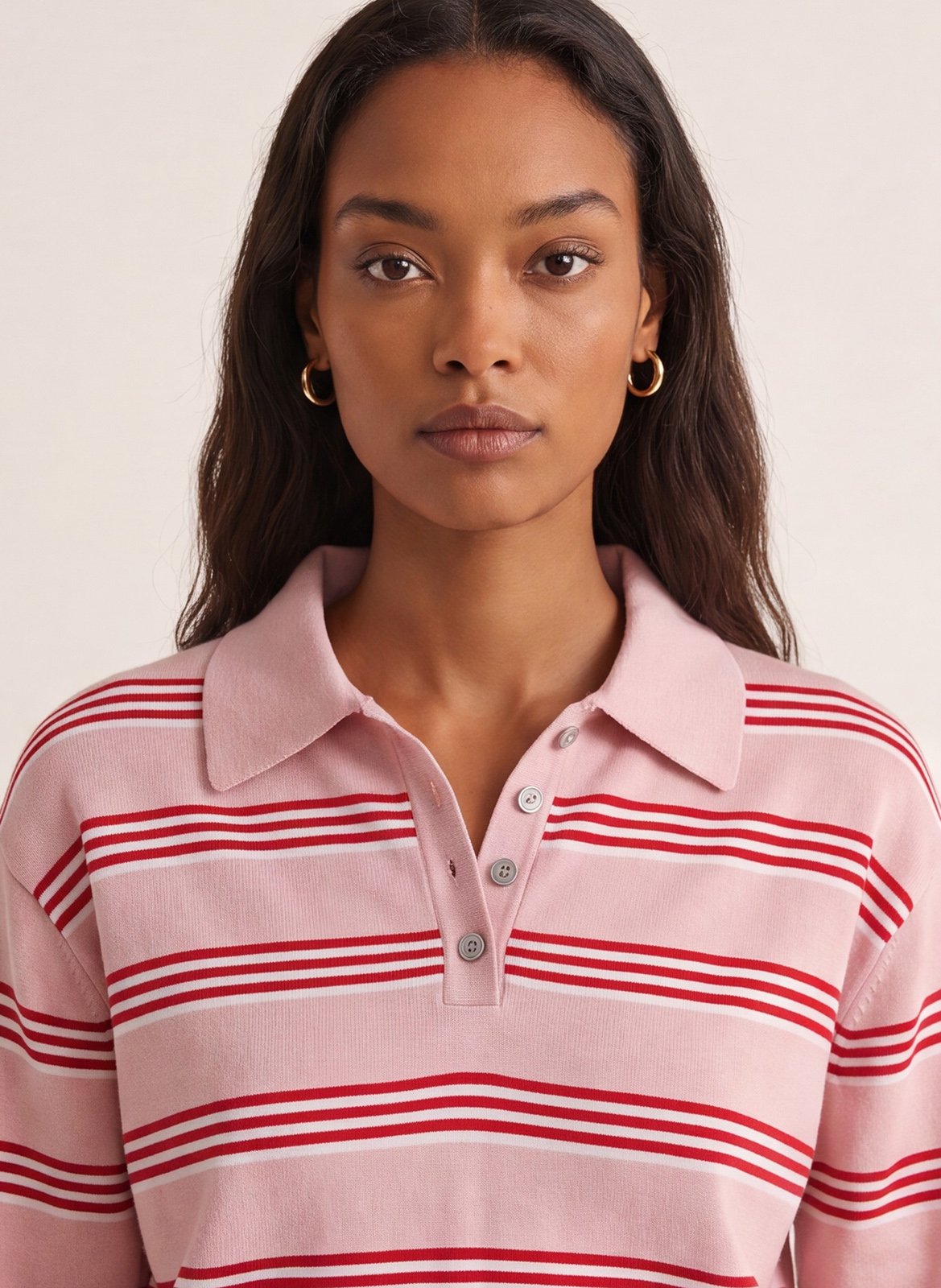 Straight-cut striped polo-collar sweater KOOKAI Pink