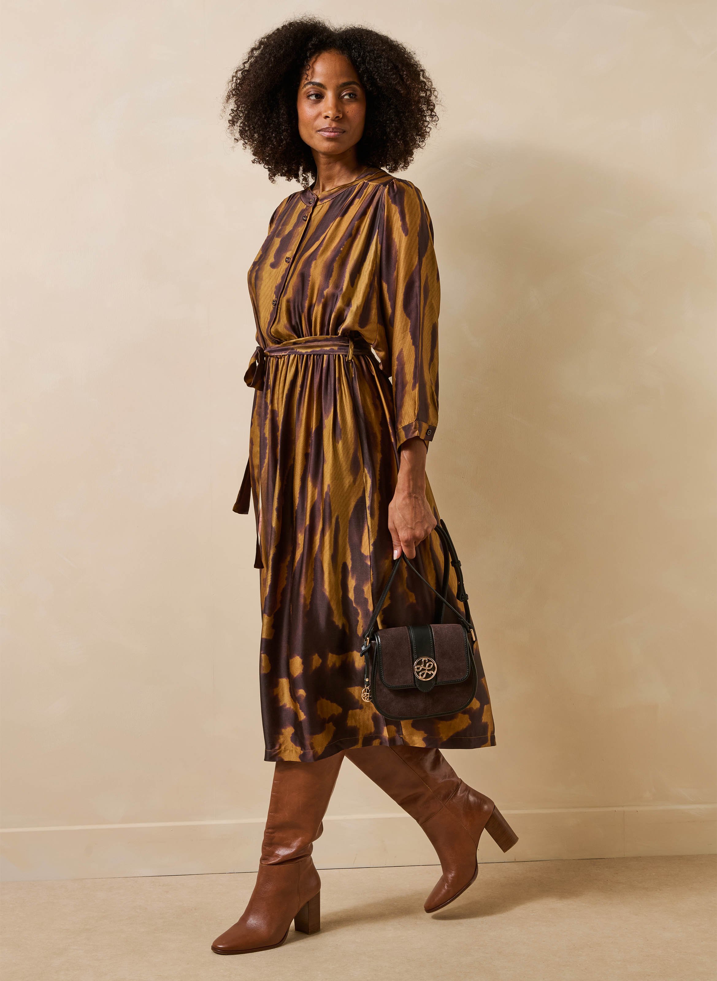 Printed round-neck midi dress LA FEE MARABOUTEE Brown