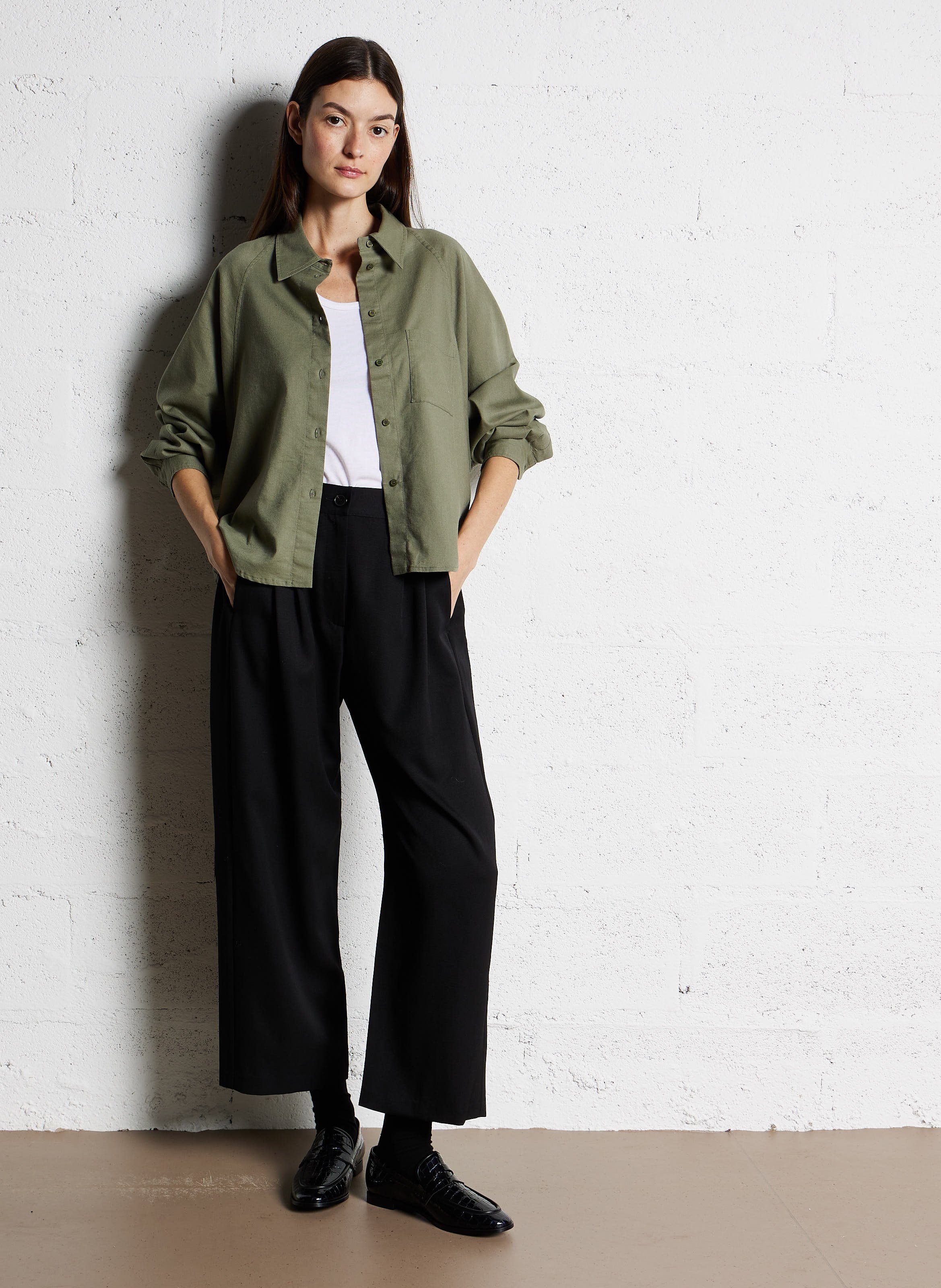 Chemise ample col classique en lin mélangé MASSCOB Kaki