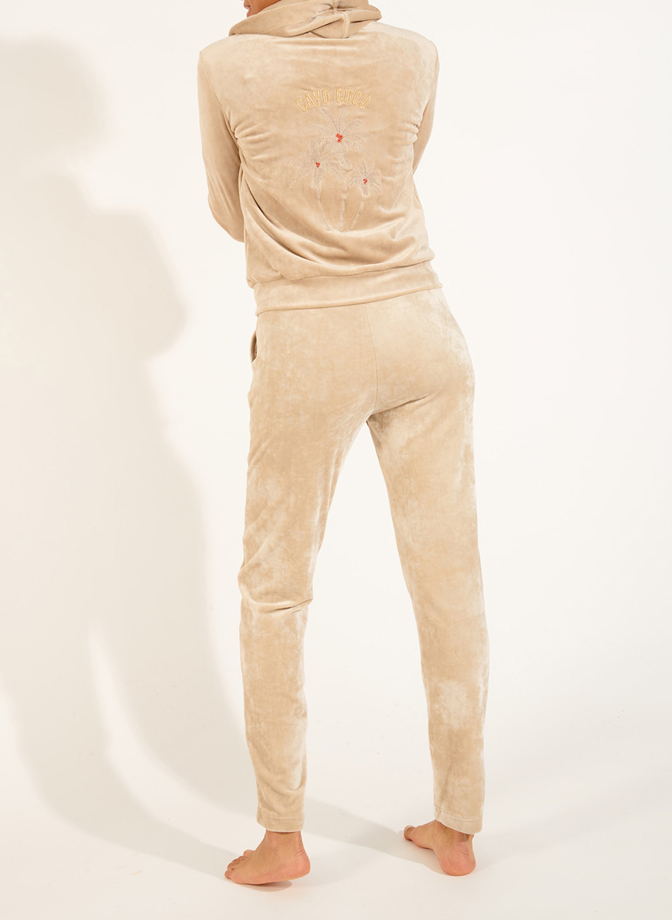 Straight velvet cardigan with hood Beige