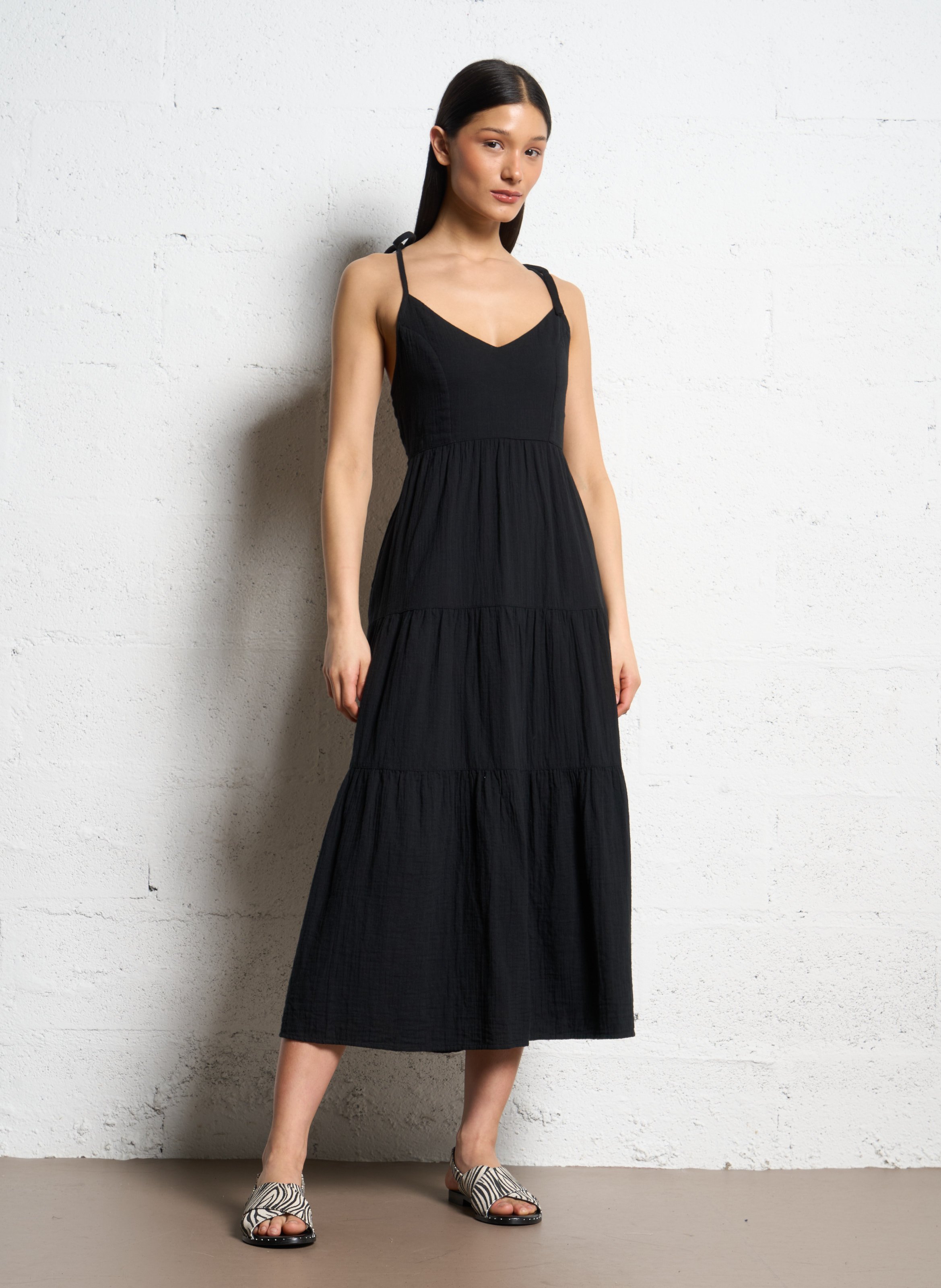 Long v-neck cotton gauze dress Noir Des Petits Hauts - Women