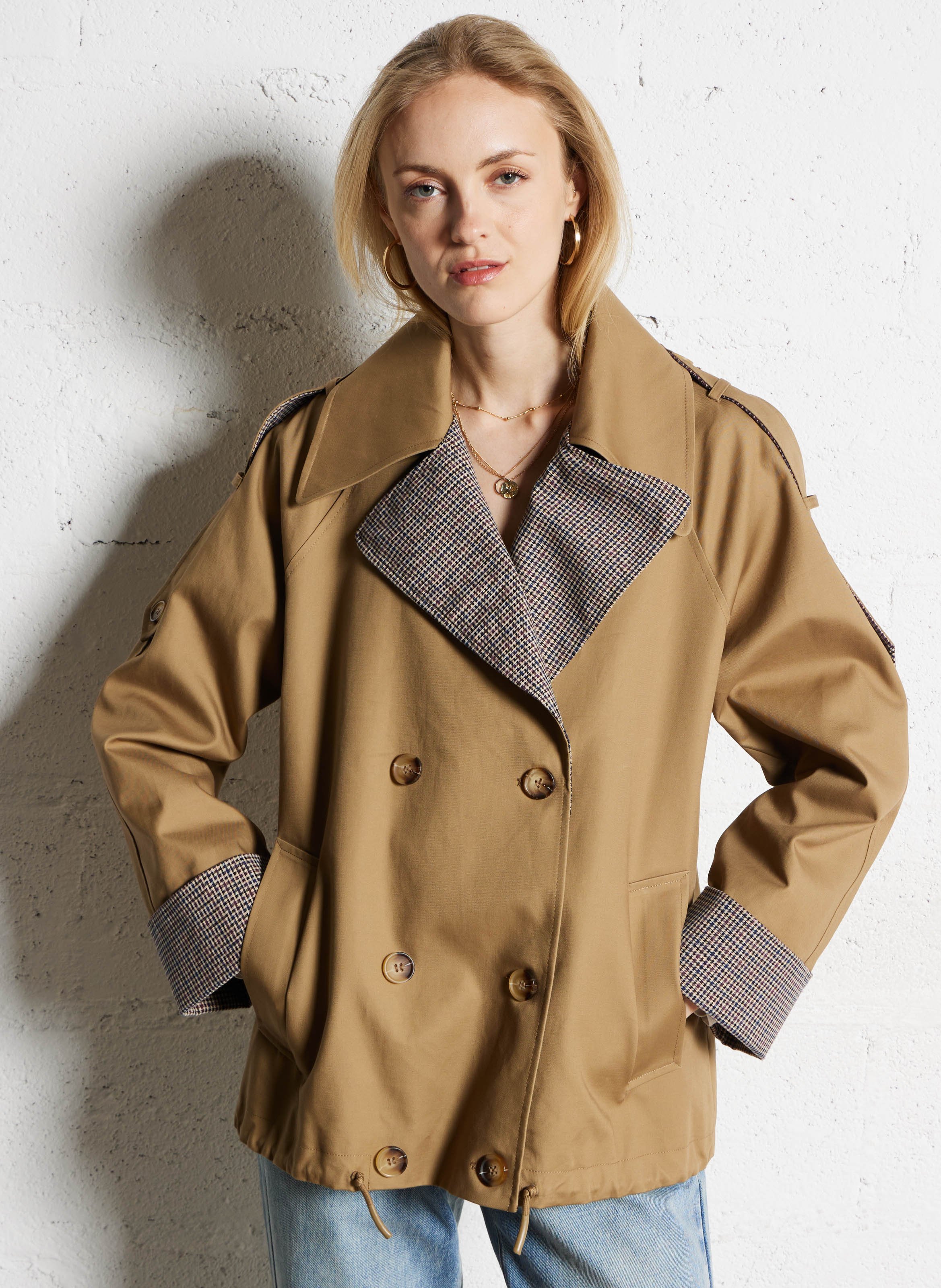 Trench col tailleur en coton SUNCOO Beige